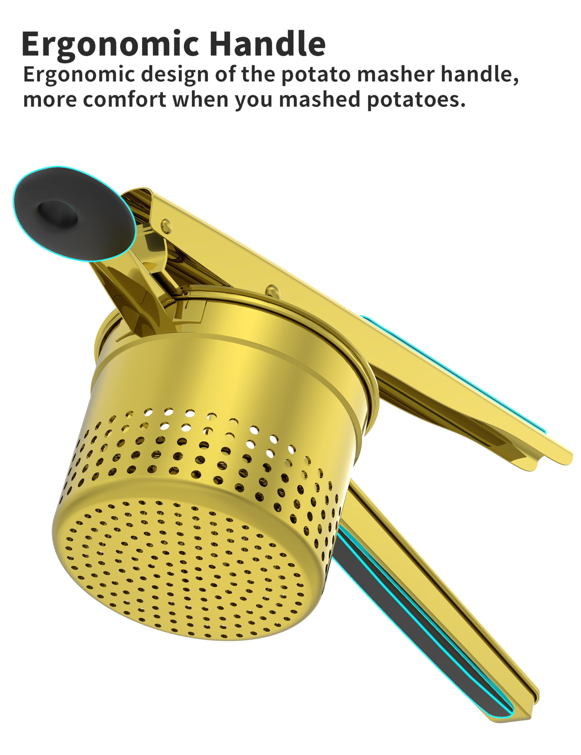 GloTika Große 425 ml Kartoffelpresse aus robustem Edelstahl für Kartoffelpüree, Süßkartoffelstampfer, Küchenwerkzeug mit ergonomischem Griff, Press- und Stampf-Küchenhelfer, Gold