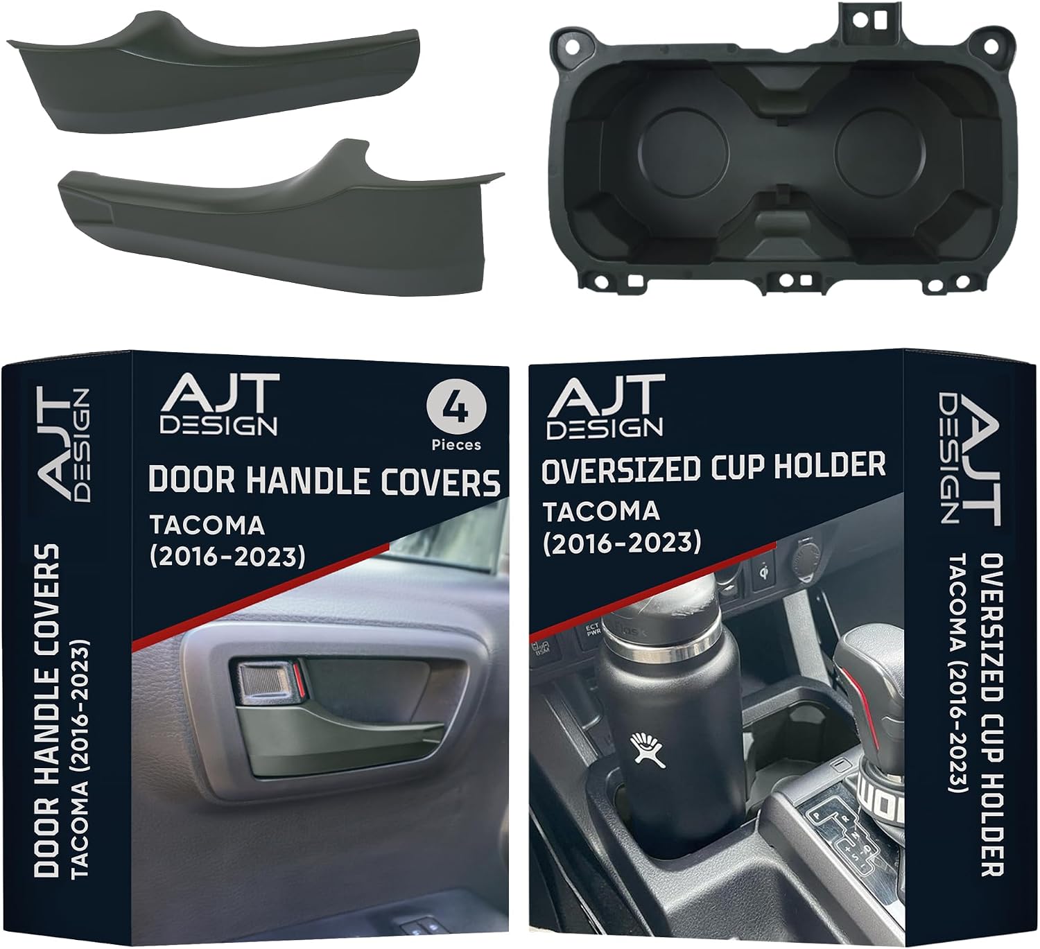 AJT DESIGN Door Handle Covers & Oversized Cup Holder for Tacoma (2016-2023) | 3rd Gen Tacoma Interior Bundle | Impact Resistant ABS Plastic with Sleek Chrome Delete Finish | Made in USA | Army Green