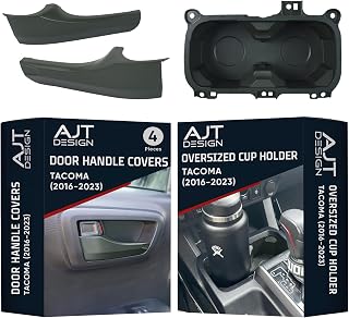 AJT DESIGN Door Handle Covers & Oversized Cup Holder for Tacoma (2016-2023) | 3rd Gen Tacoma Interior Bundle | Impact Resistant ABS Plastic with Sleek Chrome Delete Finish | Made in USA | Army Green
