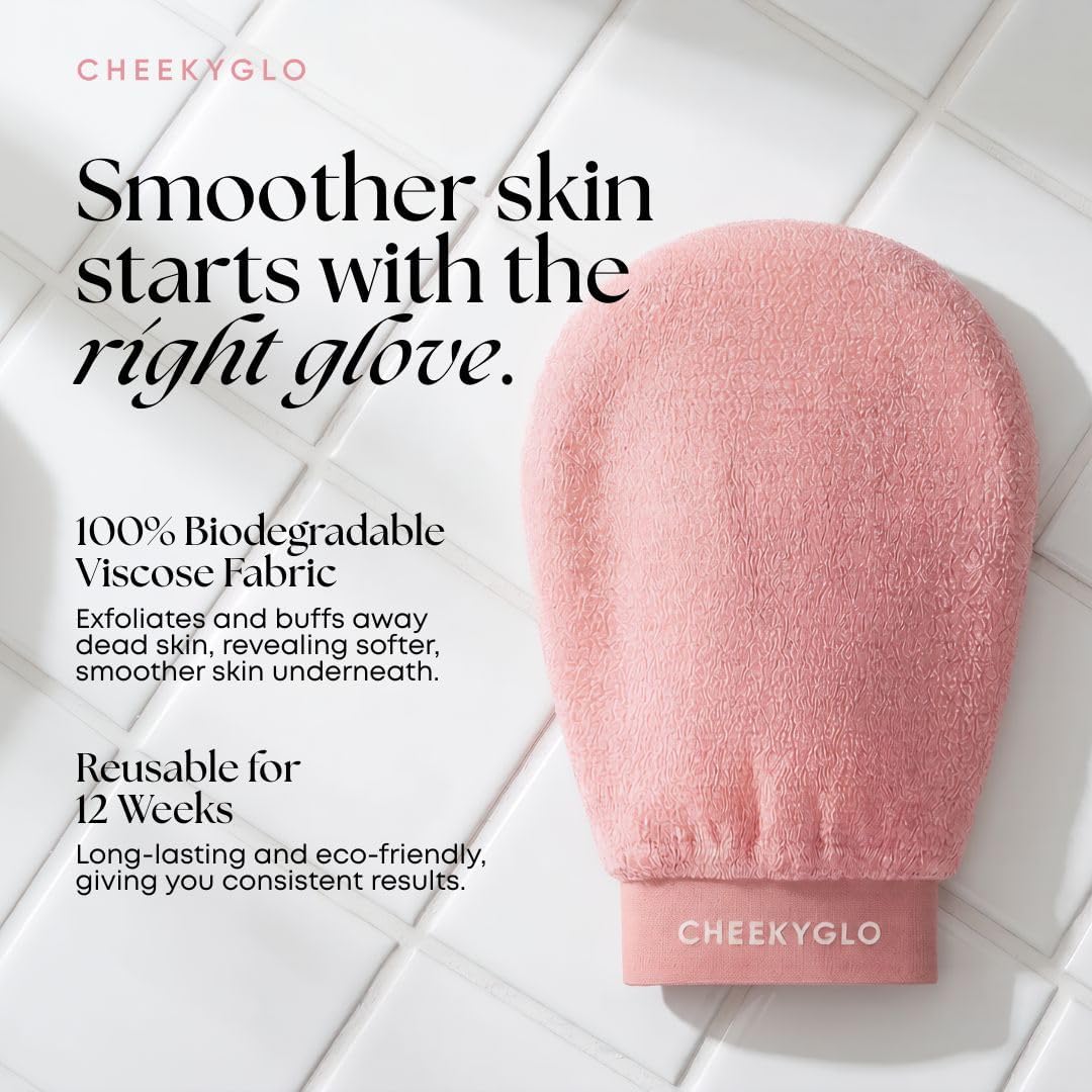 CheekyGlo Premium Exfoliating Glove (Pink) | 100% Vegan Viscose Body Scrub Glove | Kessa Exfoliating Glove | Body Exfoliator | Self-Tan Removal | Keratosis Pilaris Exfoliation | TikTok Viral Glove