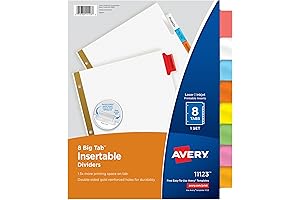 8-Tab Binder Dividers with Insertable Multicolor Big Tabs
