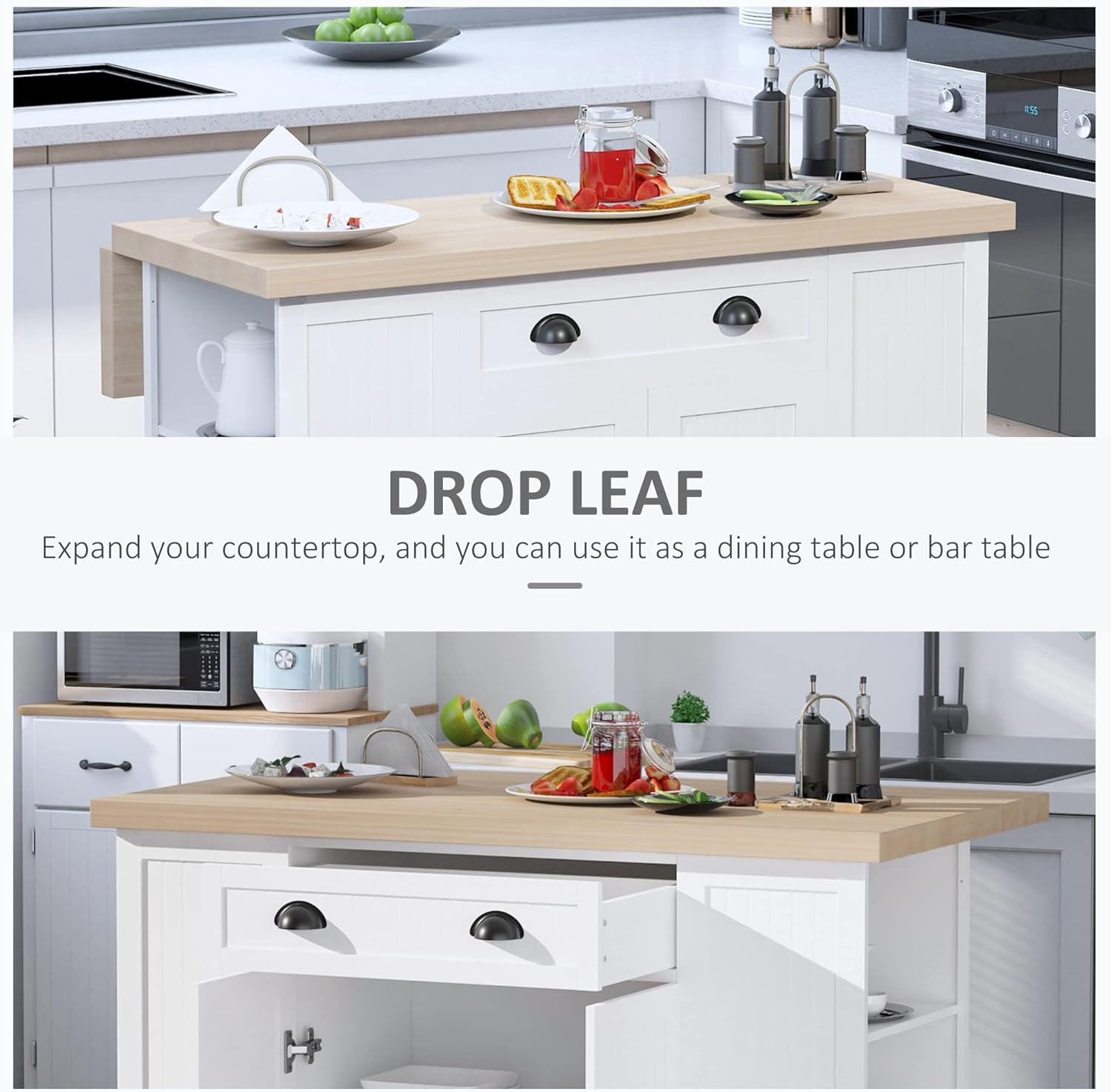 HOMCOM 47" Fluted-Style Wooden Kitchen Island, Kitchen Countertop Storage Cabinet with Drop Leaf, Drawer, Open Shelves, Storage, White
