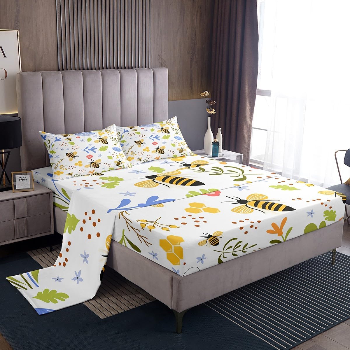 Feelyou Bee Bed Sheets Set King Size Bee Honeycomb Daisy Bedding Set for Kids Boys Girls Garden Floral Decor Sheet Set with Deep Pocket Fitted Sheet Microfiber Buffalo Check Plaid Bed Cover