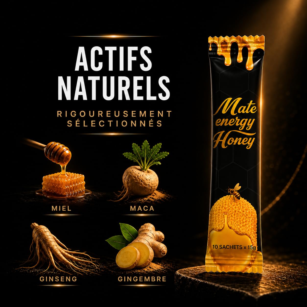 Beehon Miel en Sticks 100% Naturel – 10 Sachets Individuels x 15g – Ginseng, Gingembre Noir, Maca x 15g – Produit Alimentaire à Base de Miel et Extraits Végétaux
