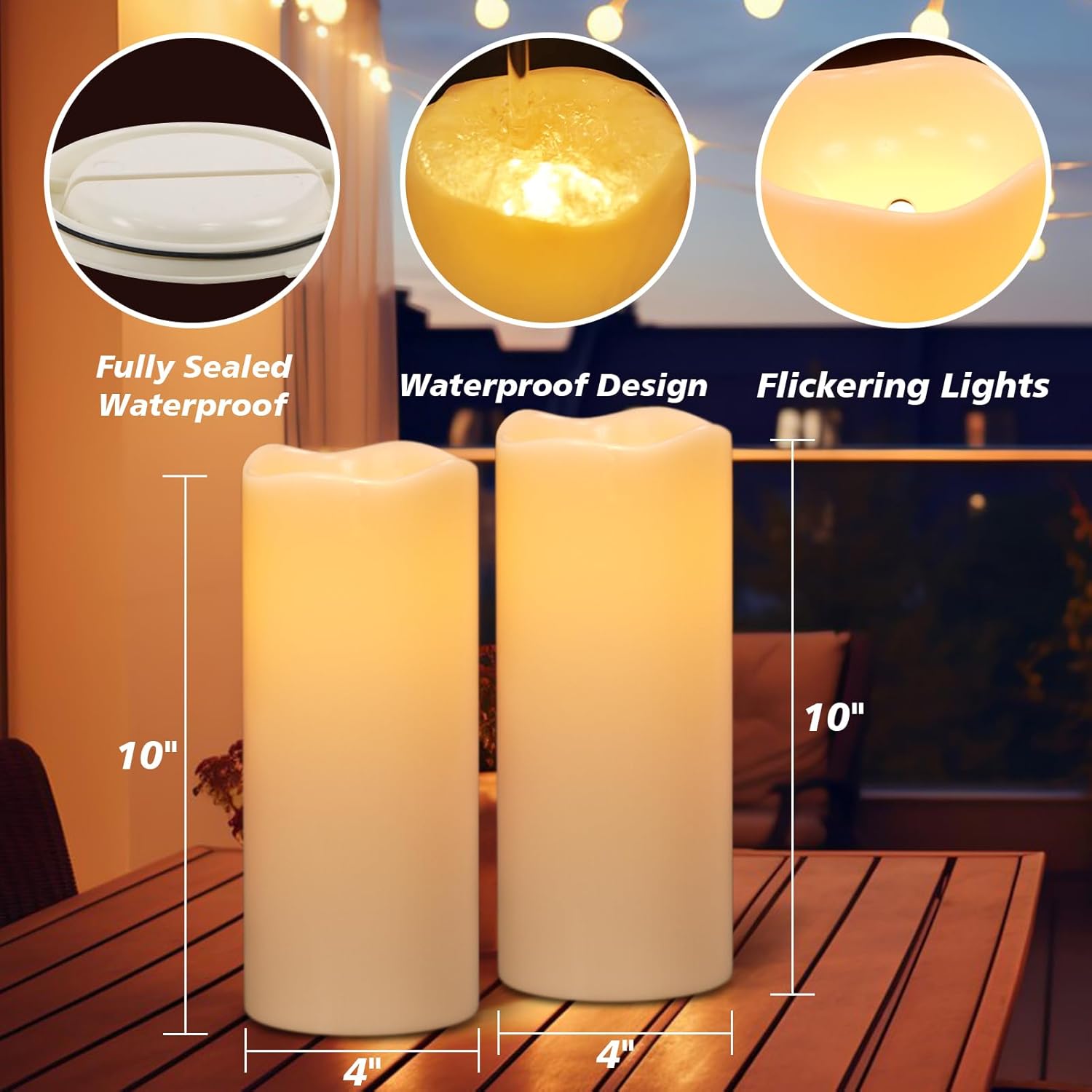 GenSwin Solar Candles Outdoor Waterproof, 10”x4” Large Solar Rechargeable Flameless Candles, Pillar Powered Candles with Sensor, Dusk to Dawn, for Lanterns, Pation, Home Decor(Set of 2)