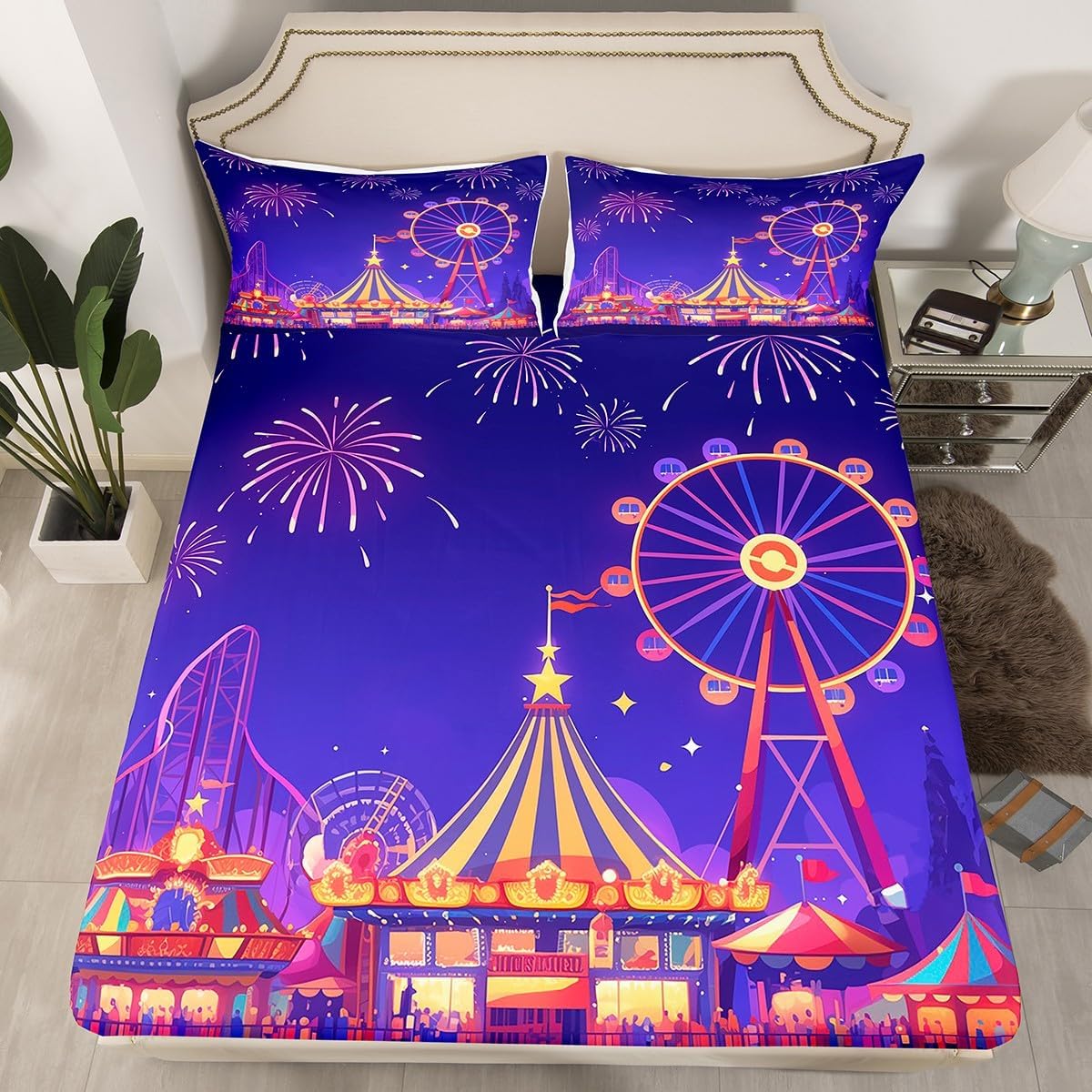 Erosebridal Kid Amusement Park Fitted Sheet Circus Sheet Set Fireworks Pattern Bedding Set Hot Air Balloon Bed Cover with Deep Pocket 1 Fitted Sheet with 2 Pillow Cases Full Size