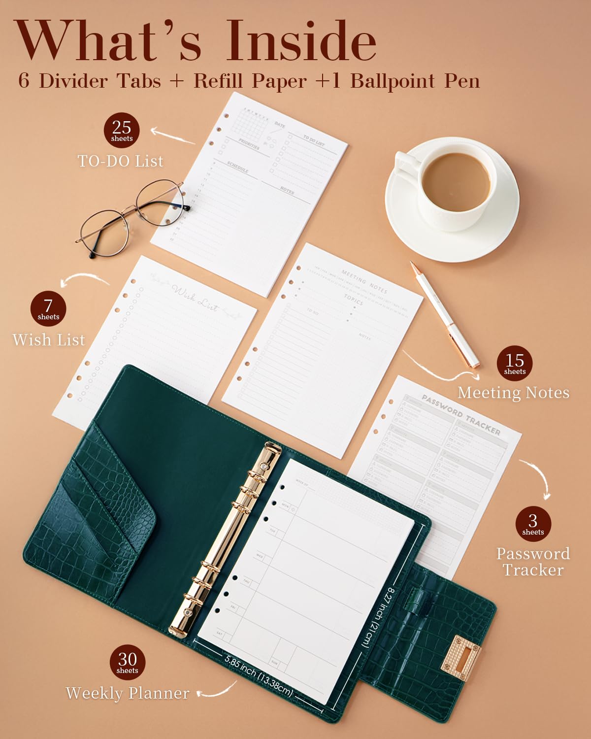 Agenda A5 in pelle PU goffrata in coccodrillo, 14,7 x 21,1 cm, raccoglitore ricaricabile a 6 anelli con 80 fogli, divisori e penna in metallo, elegante organizer per lavoro e uso quotidiano