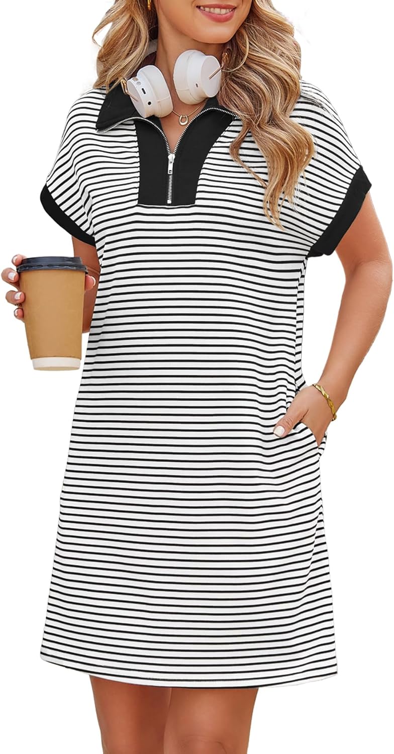 Kikibell Womens Half Zipper Striped Mini Dress Casual Collared V Neck Short Sleeve Knit Shift Dresses with Pockets
