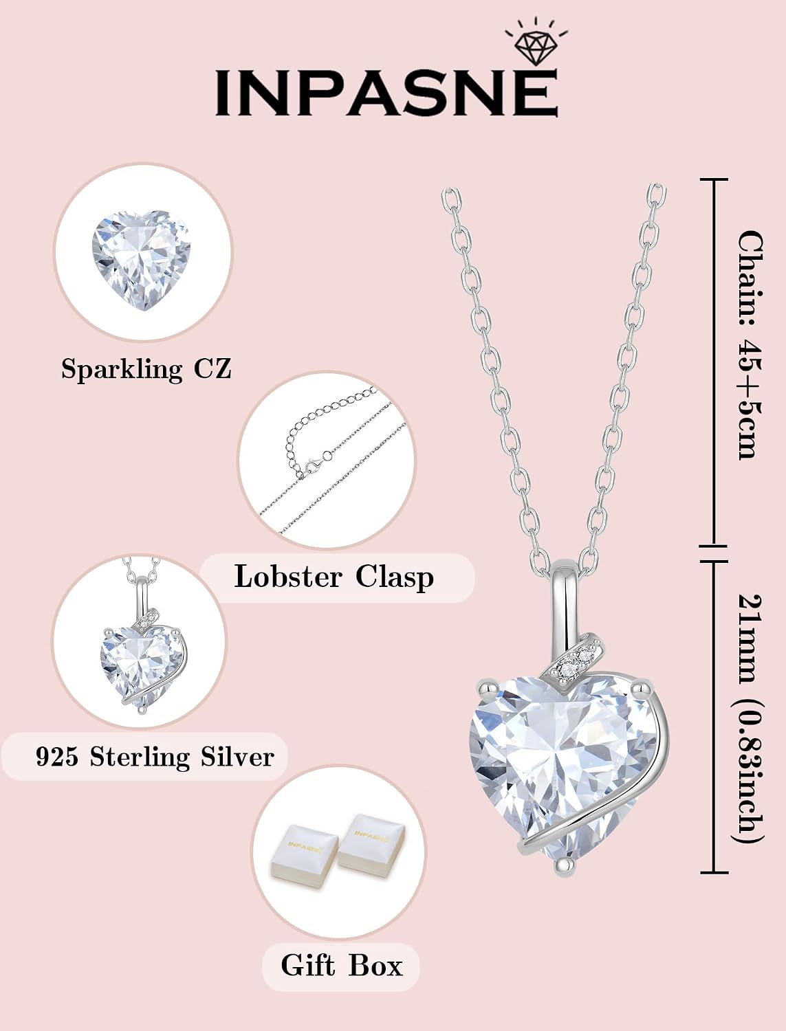 Simulated Diamond Jewelry Set Silver Tone Heart Shaped Birthstone Necklace Earrings Bracelet for Women