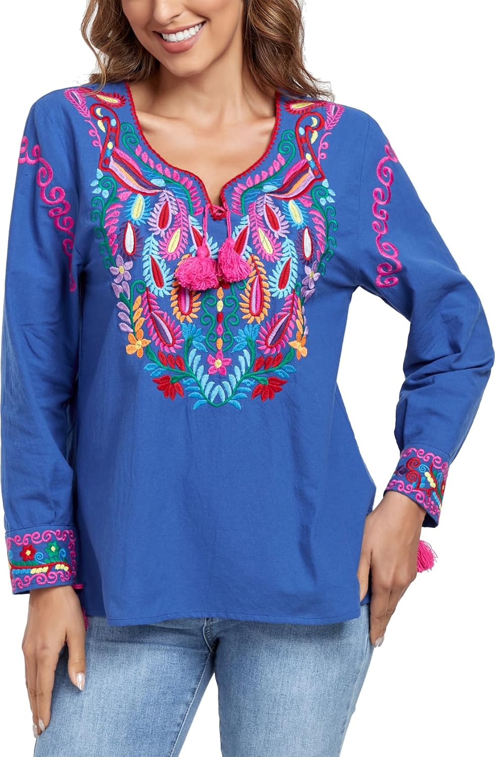 YZXDORWJ Women's Mexican Long Sleeve Blouse Embroidered Traditional V Neck Top Boho Tunic