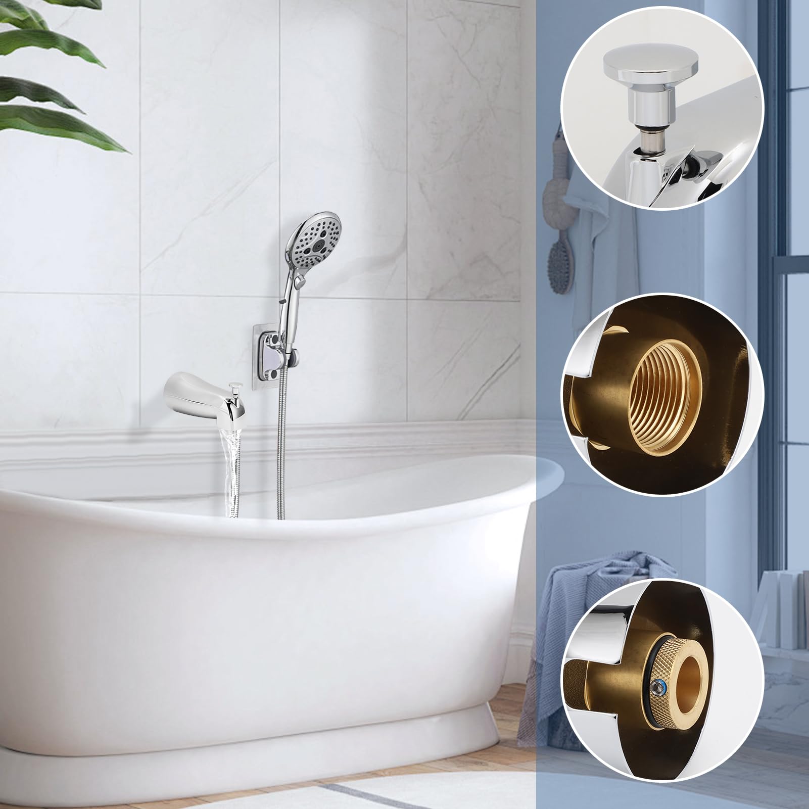 Gugxiom Bec de baignoire, robinet de avec inverseur, robinet de baignoire à filetage intérieur de 1/2 pouce IPS, alliage de cuivre et de zinc, métal et résistant