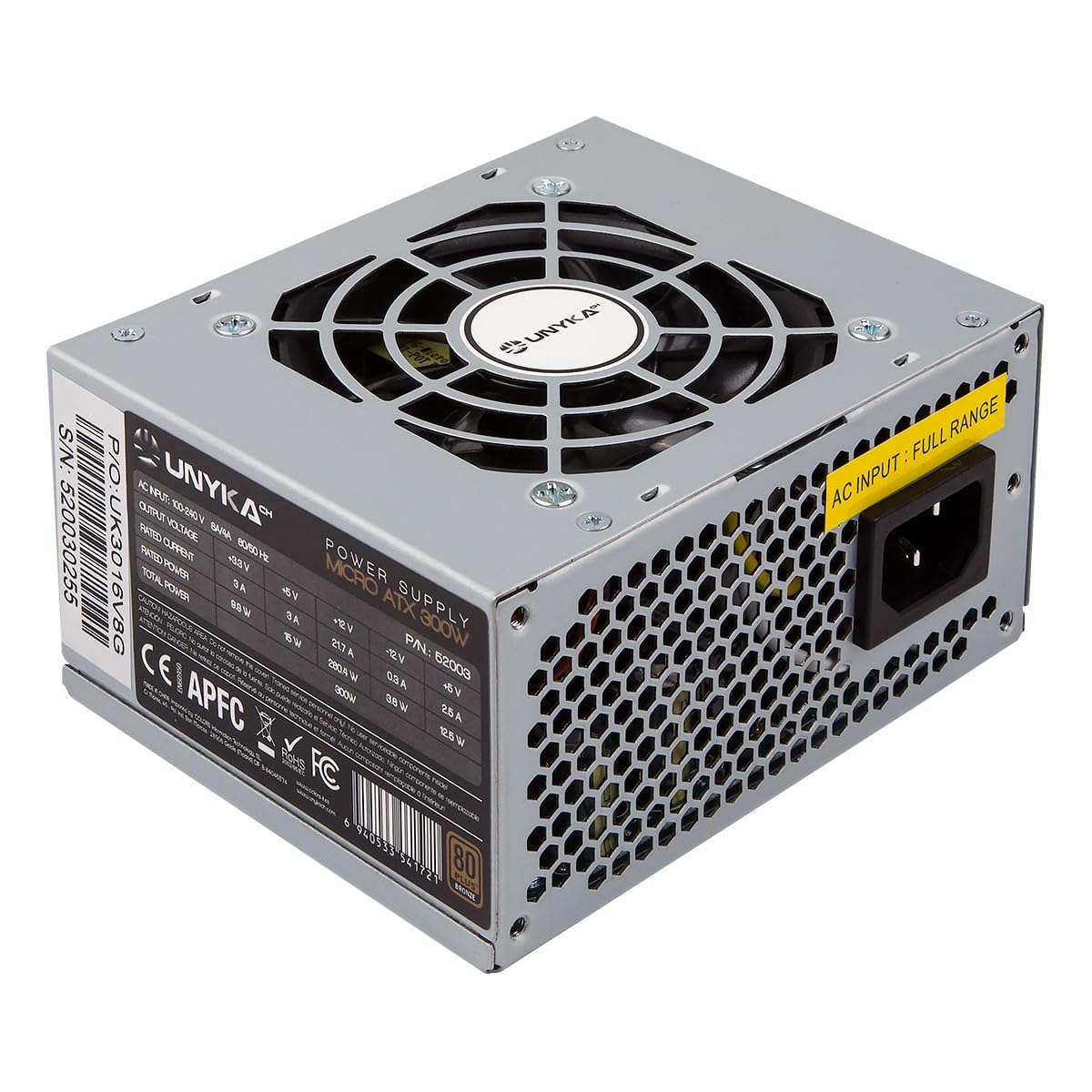 UNYKAch SFX 300W Zasilacz Srebrny - Zasilacze (300 W, 100-240 V, 50/60 Hz, Aktywny, 3 A, 2,7 A)