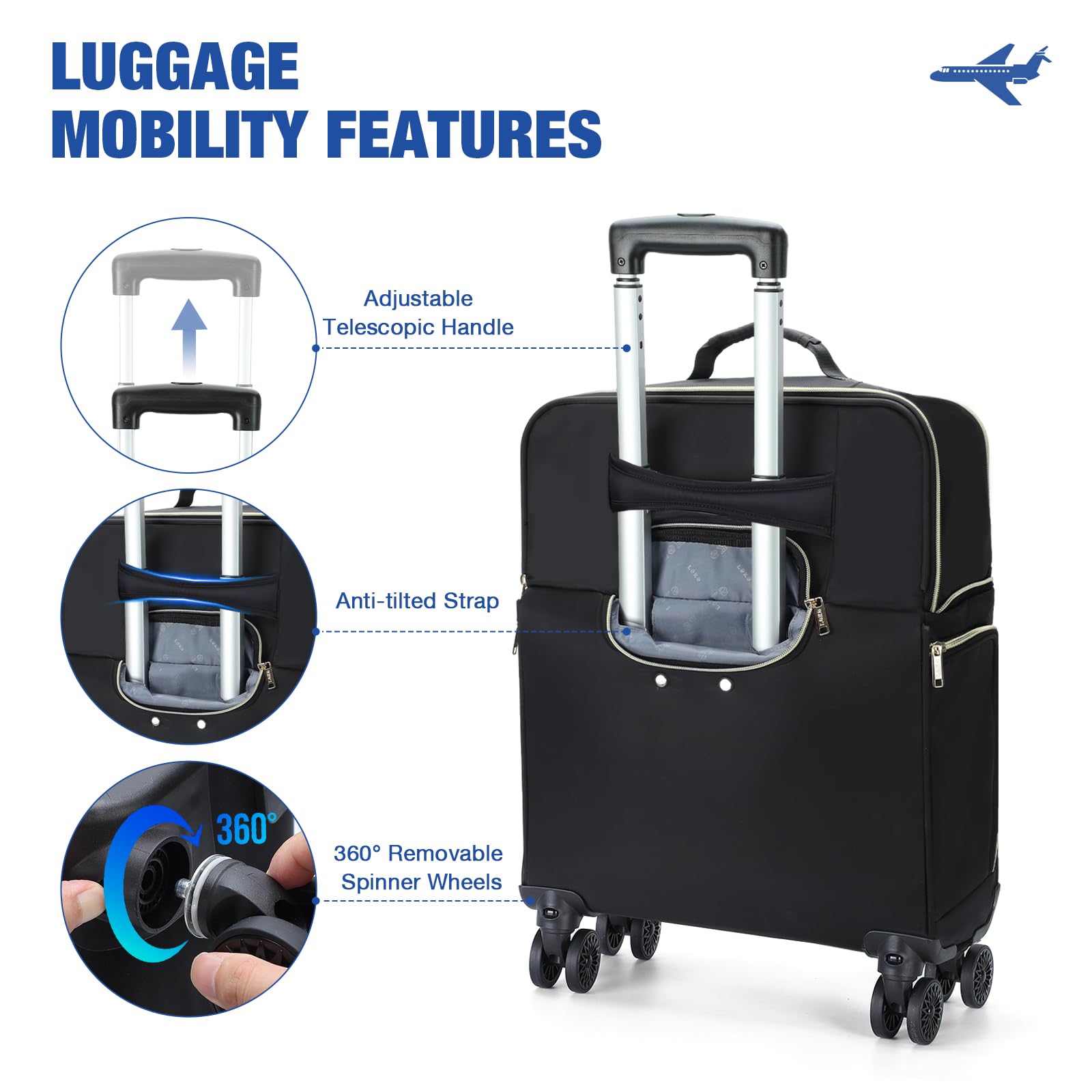 Lekeinchi Maletas de Viaje Expandible Maletín para Portátil con Ruedas, Trolley Equipaje de Mano con 6 Bolsas Organizadoras, Maleta Cabina con Ruedas para Viajes Negocios Trabajo (Negro, 25-38L)
