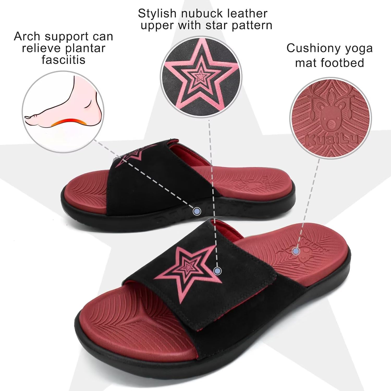 KuaiLu Mens Athletic Slides Wide Adjustable Arch Support Sport Sandals