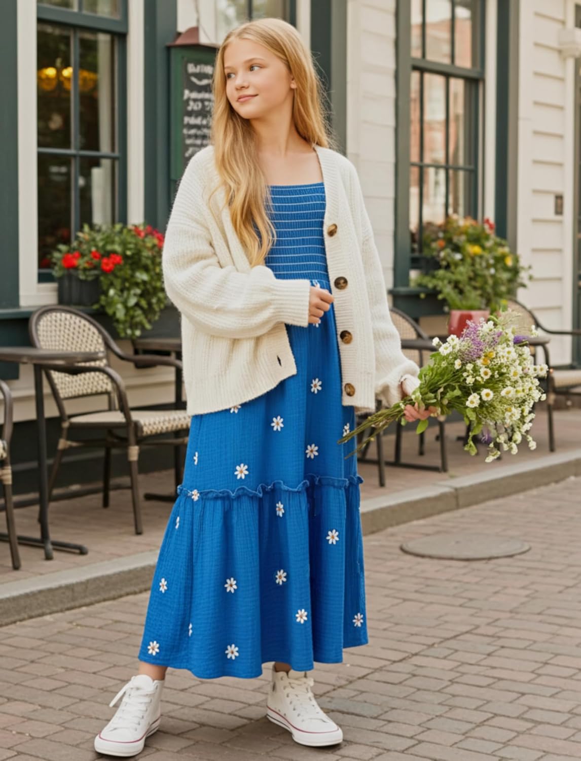 Sunny Spirit Girls Dresses Spring Maxi Tween Boho Floral Long Puff Sleeves Square Neck Embroidered Smocked Dresses 5-14 Years - Image 2