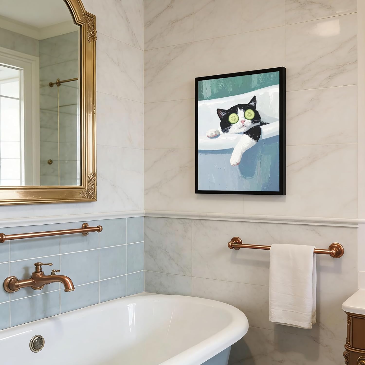 Kabcod Funny Black and White Cat Bathroom Wall Art, Modern Cute Cat in Bathtub Painting Wall Decor, Whimsical Animal Bathroom Poster, Humorous Animals Canvas Prints Pictures 12x16 inch