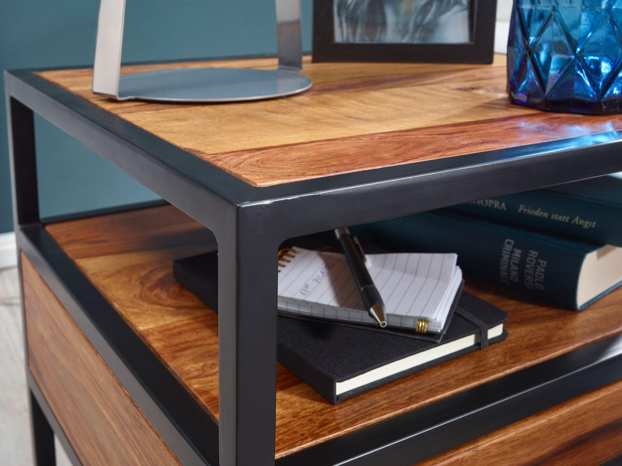 FineBuy Szafka Nocna 50x45x45 cm Lite Drewno Sheesham z Szufladą, Stal | konsola nocna industrialna ze stalowym stelażem i półką do łóżka kontynentalnego, szafka nocna ręcznie wykonana