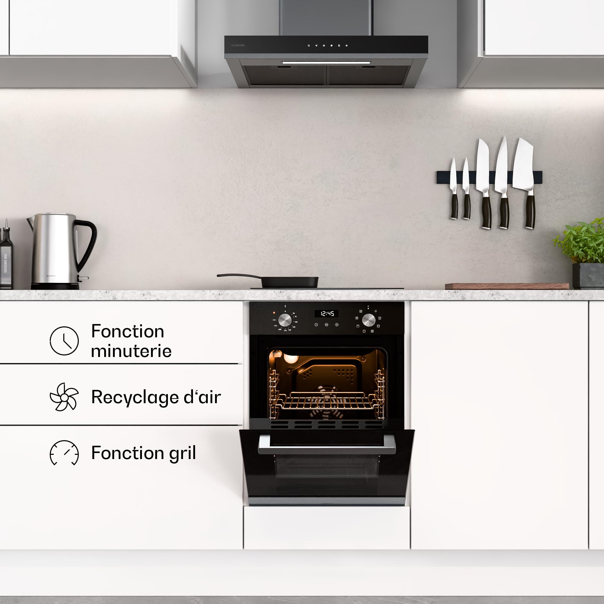 Klarstein Verosteel Four Encastrable 45 cm - 49L, 8 Modes, Classe A, Nettoyage Facile, Commande Rotative, Porte Double Vitrage, Four Électrique Encastrable Inox & Verre Noir