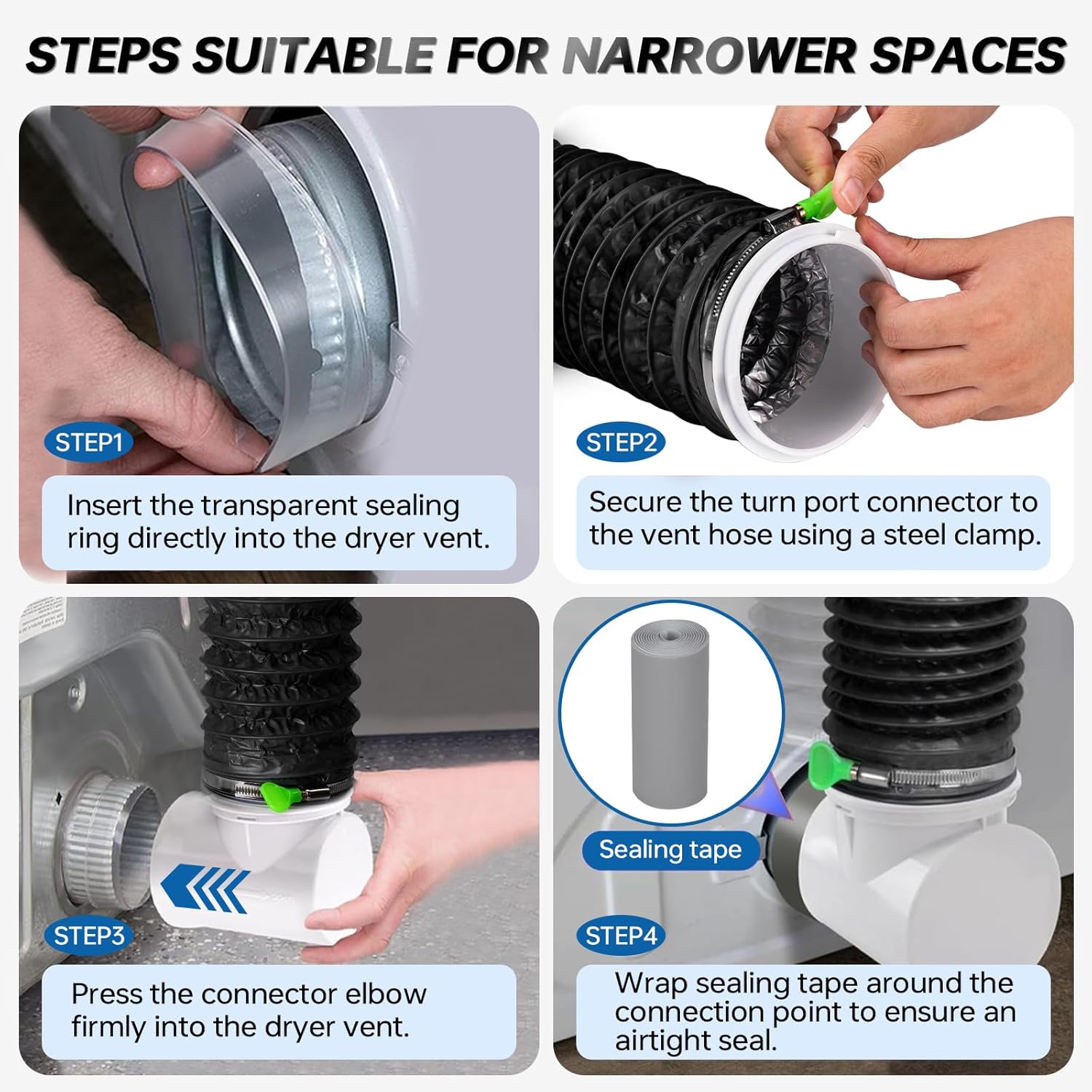 MOPHA 8FT Dryer Vent Hose for Tight Space, 90 Degree Dryer Vent Elbow with Rubber Seal Connectors, Indoor Dryer Hose Vent Kit with 6-Layer Duct, Heat Resistant Dryer Exhaust Flexible Pipe with Adapter