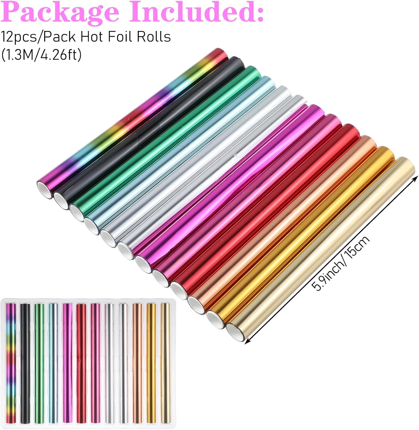 12 Pack Heat Transfer Foil, 4.26ft x 5.9In Hot Foil Roll Set Toner Reactive Foils Gold Foils Transfer Sheets for Scrapbooking, DIY Card, Crafts (12 Colors)