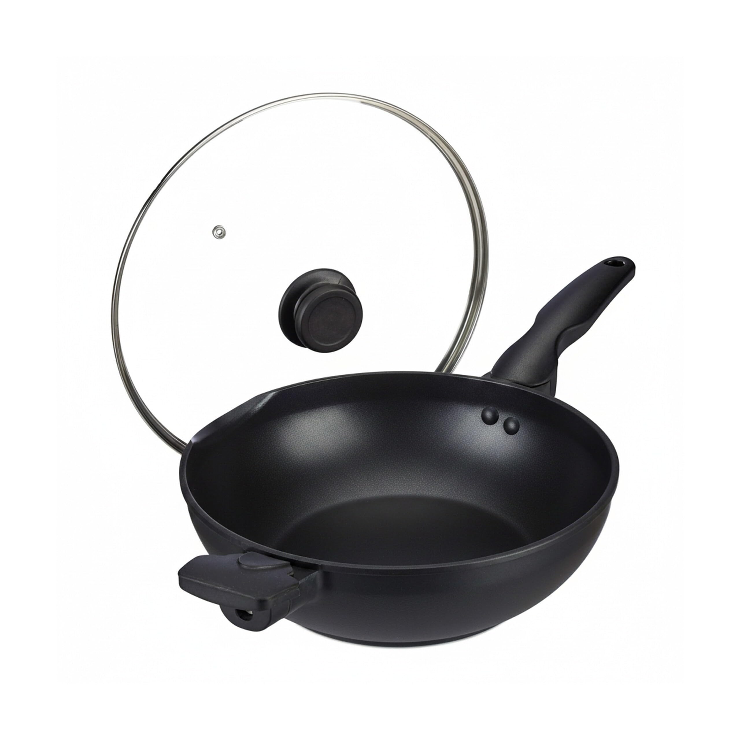 Relaxdays Wok, Padella con Coperchio di Vetro, 30 cm, Antiaderente, per Fornelli a Gas, Elettrici & Induzione, 4l, nero
