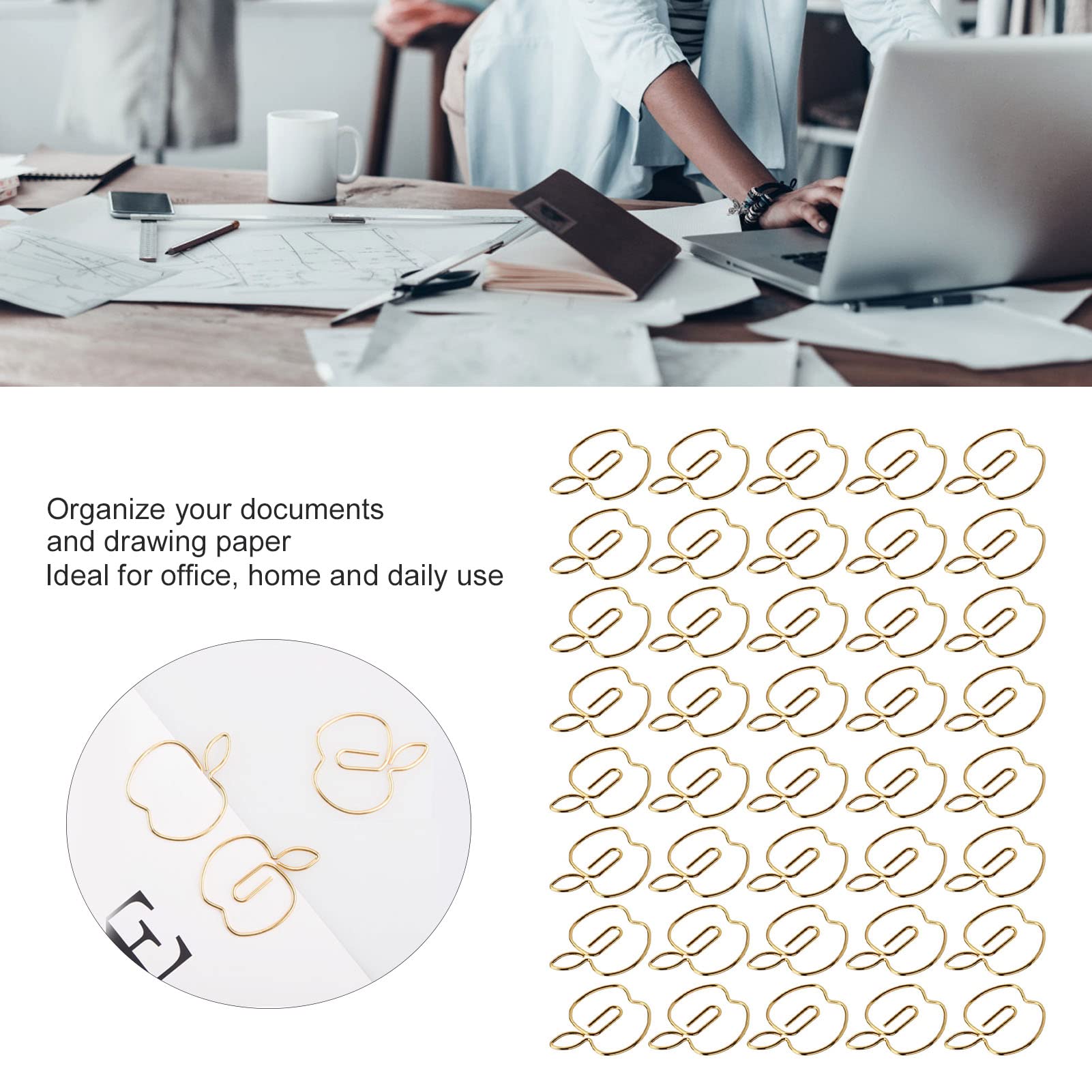 Niedliche Büroklammern, Büroklammern, 40 Stück Büroklammern, goldene Apfelform, Kreativität, Persönlichkeit, große Büroklammer for das Basteln im Home-Office, Dokumentenorganisation