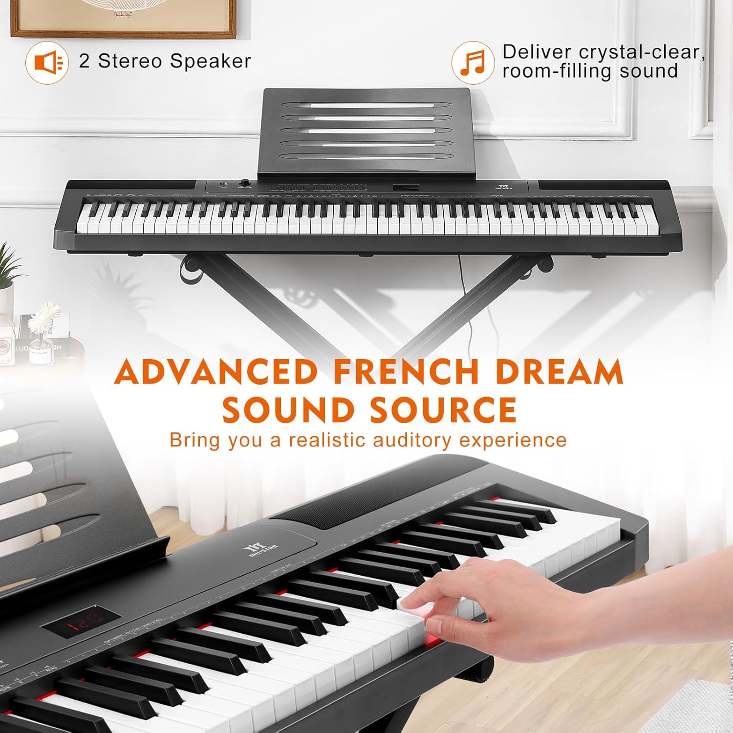 Top view of the digital piano highlighting stereo speakers and sound source