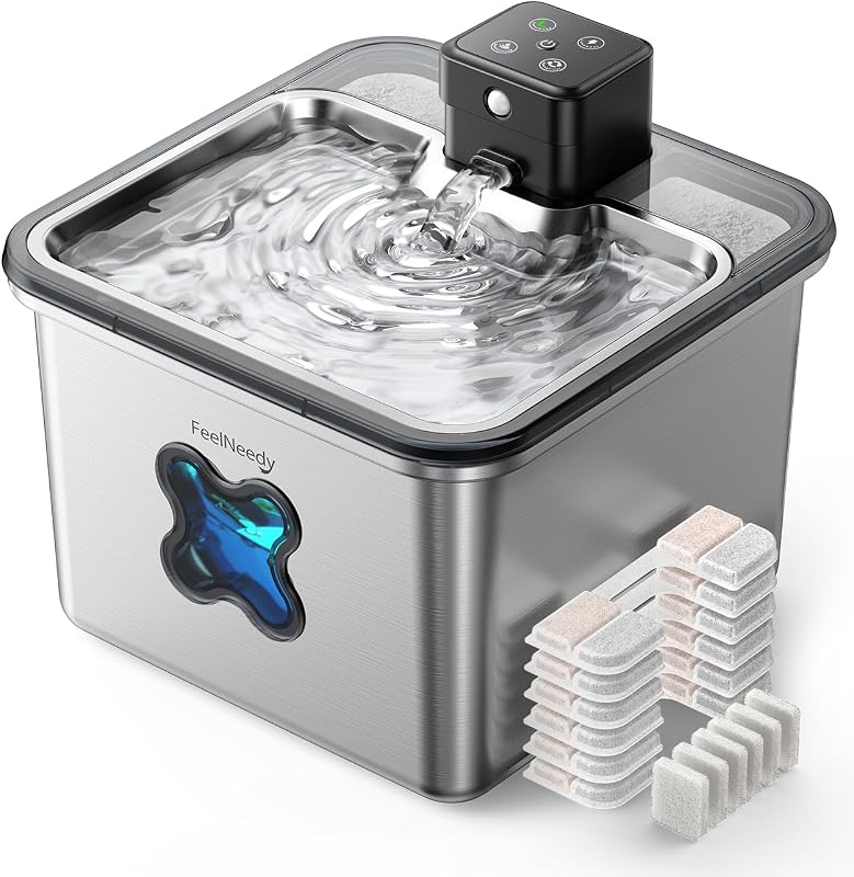 Fonte para gatos e cães sem fio em aço inoxidável com sensor FEELNEEDY FN-W17S-06, 3,2 L, pacote com 6 filtros