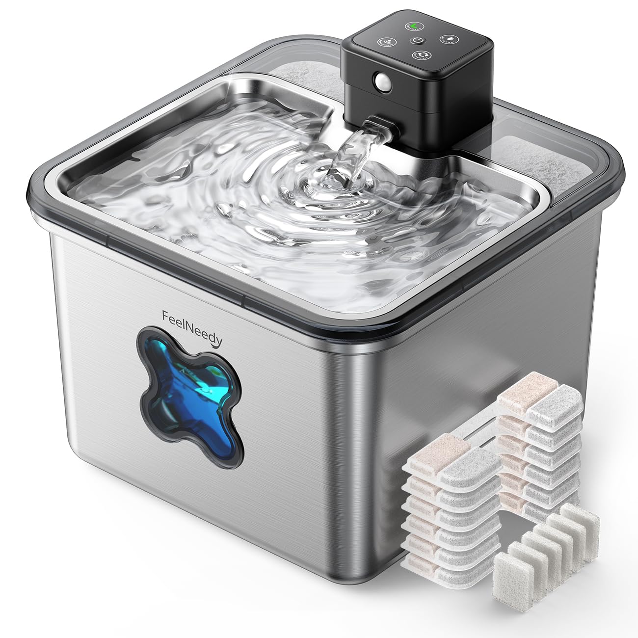 Cat Water Fountain Wireless + 6 Filters: [Visual Filter] & [Heavy-Duty Stainless Steel] FEELNEEDY- Premium, 3.2L/108oz, 4000mAh Battery Operated Pet Fountain with Sensor, for Cats and Dogs