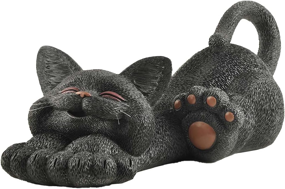 JFSM INC. 12" Whimsical Lounging Black Cat Garden Statue - Indoor Outdoor Relaxed Zen Cat Sculpture - Cat Lover Gifts, Decorations for Patio Yard Lawn Porch