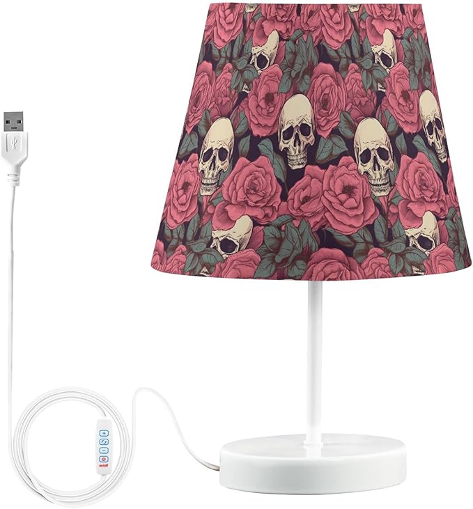ALAZA Rose Blossom Sugar Skull Decor Bedside Table Lamp with USB Port 3 Color Temperatures LED Desk Lamp for Bedroom Office S