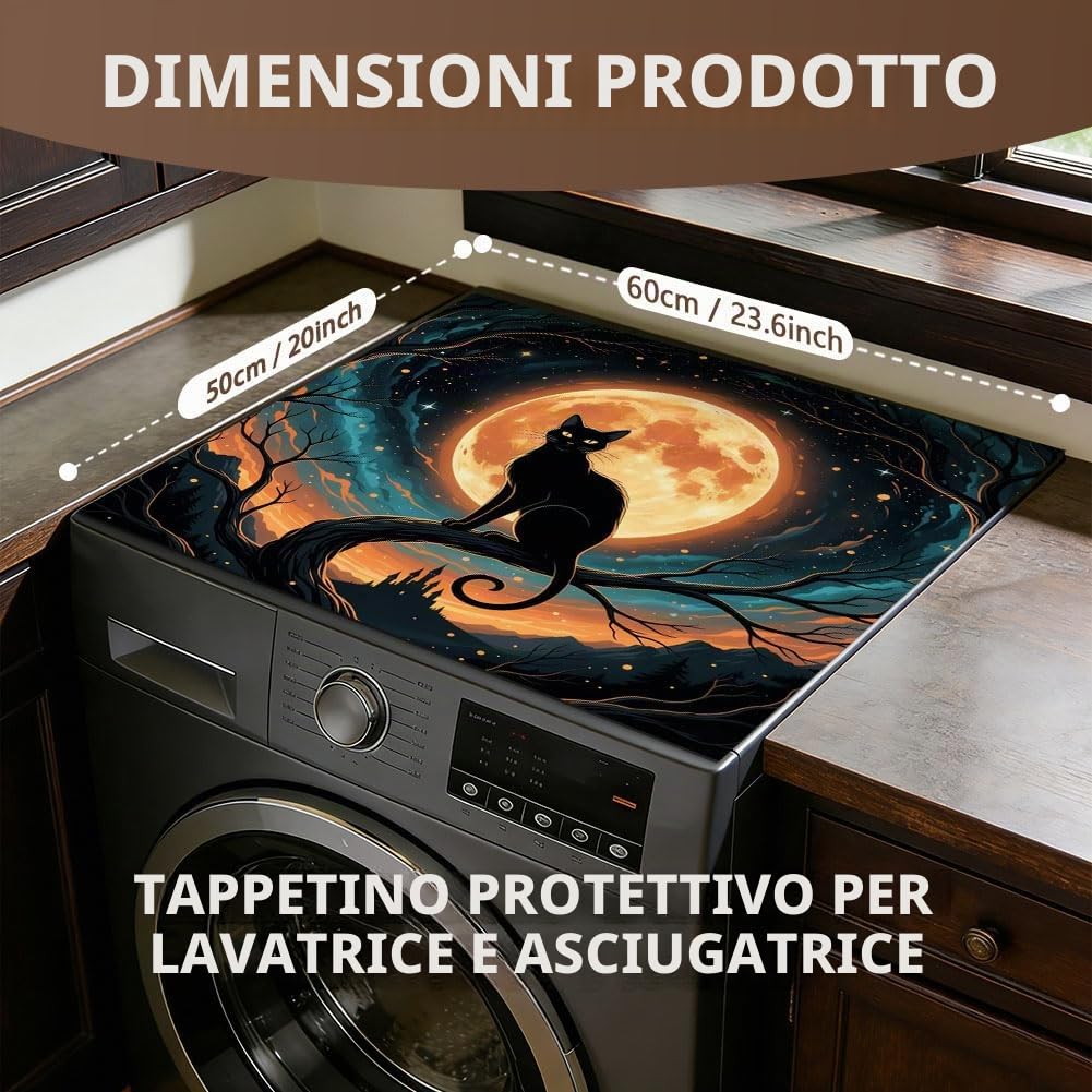 SUPERDANT Topper Lunare per Lavatrice e Asciugatrice Impermeabile Tappetino Protettivo Antiscivolo con Gatto Nero Copertura Pieghievole per Macchine a Carica dall Alto Decorazione per Lavanderia