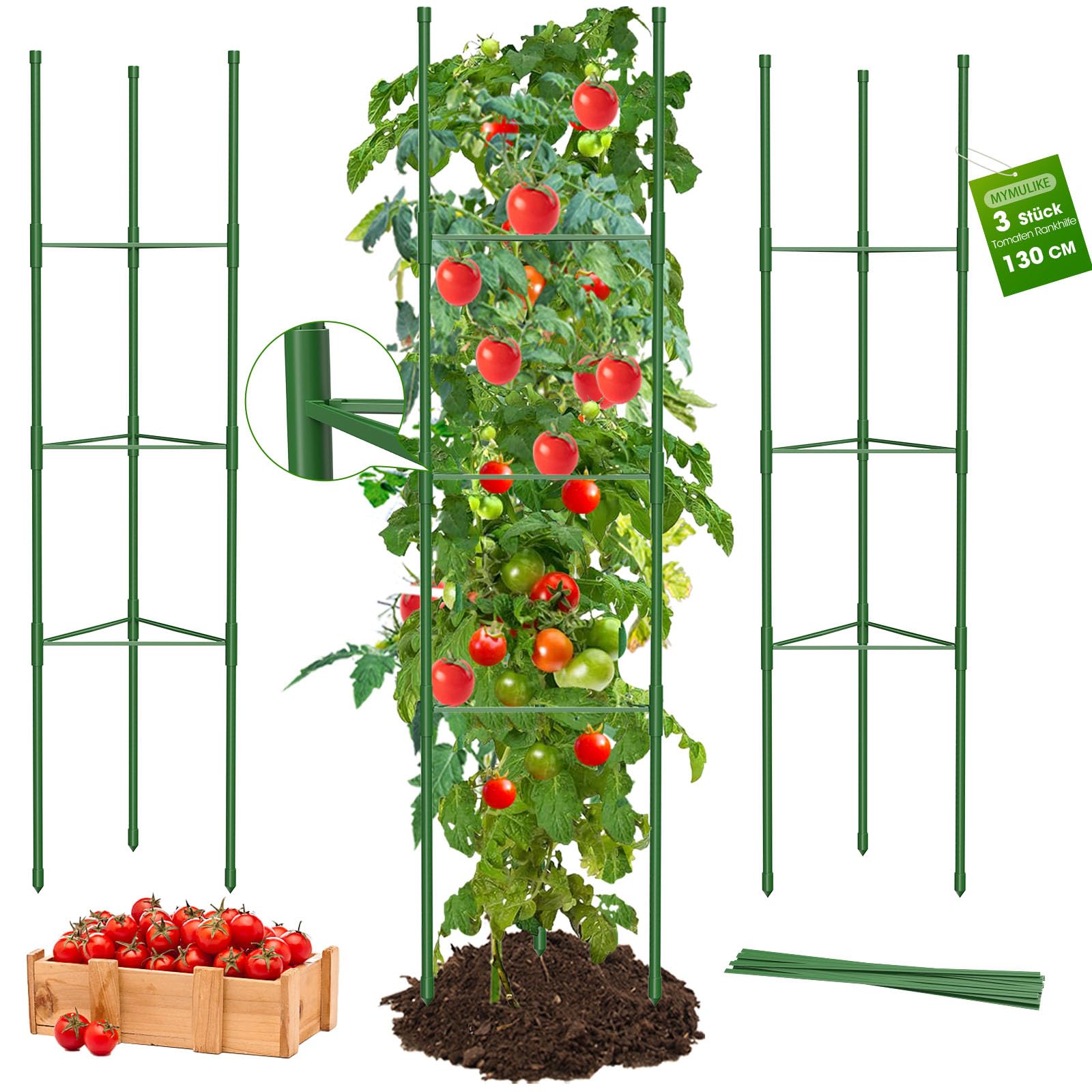 MYMULIKE Tomaten Rankhilfe 3 Stück, 130CM Pflanzenhalter für Tomate, Einstellbar Höhe Garten Rankhilfe für Tomate, Wobei Rosen, Tomaten und Gurken Frei Wachsen, Grün (3)