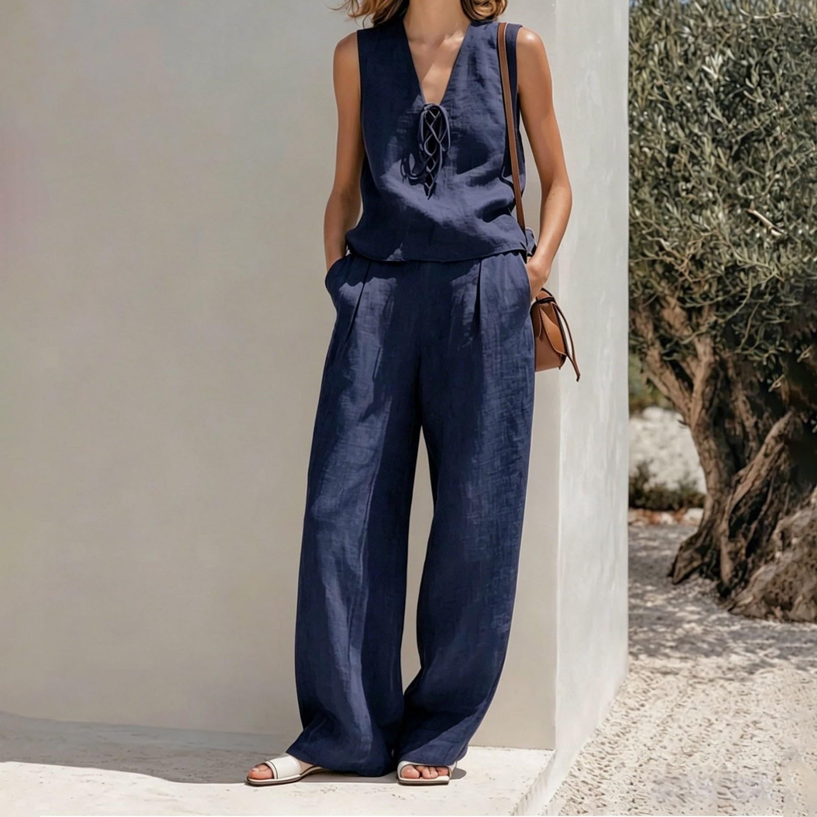 Canotta minimalista da abbinare ai pantaloni – Completo beige a strati senza maniche per un tocco di stile quotidiano