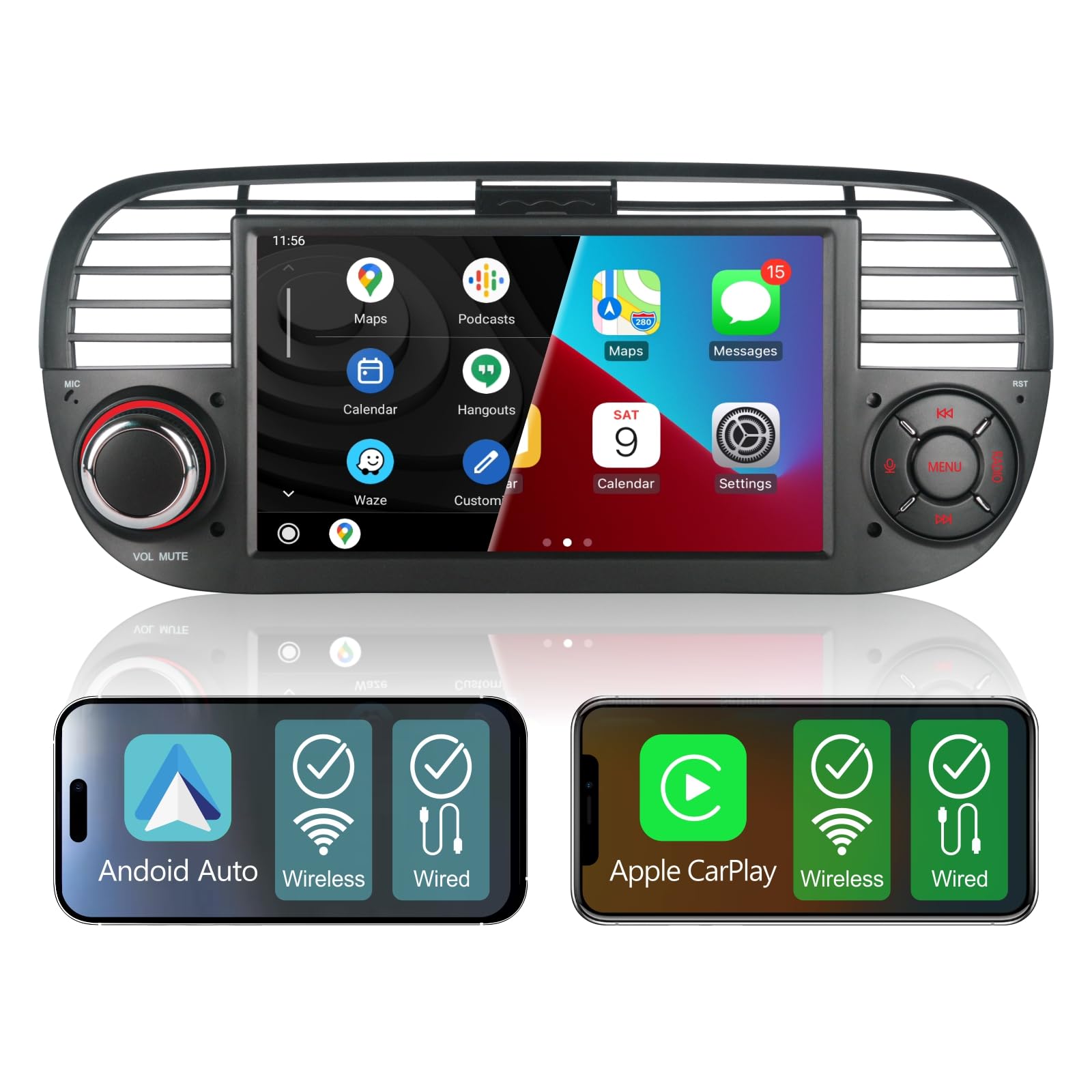 Doppel-DIN-Autoradio kompatibel mit drahtlosem Carplay Android Auto für FIAT 500 2007-2015-Zoll IPS Bluetooth/FM/AM Radio/USB/EQ (Schwarz)