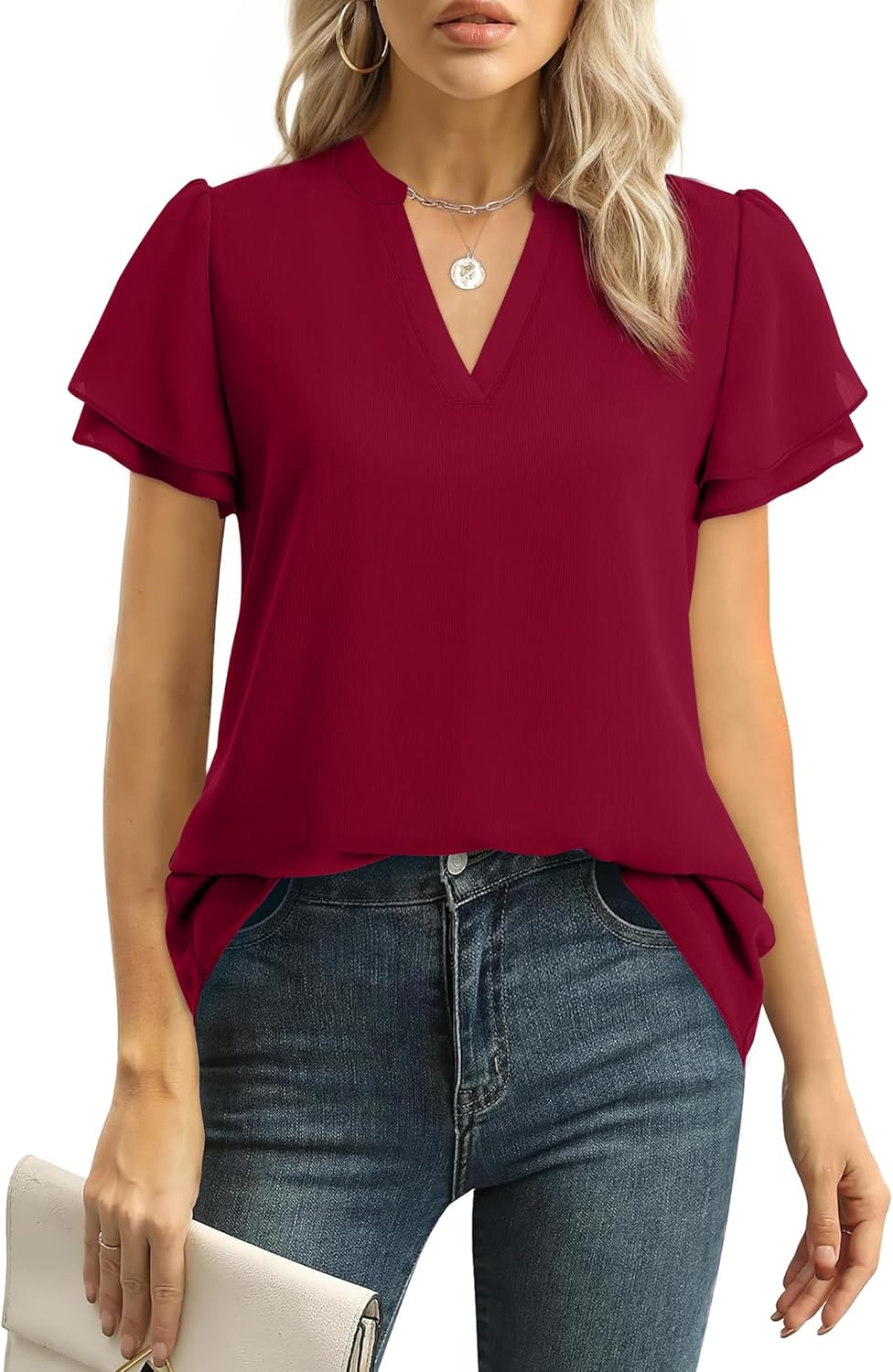 Women Tops Dressy Casual Short Sleeve Blouses Petal Ruffle Shirts V Neck Chiffon Wo...