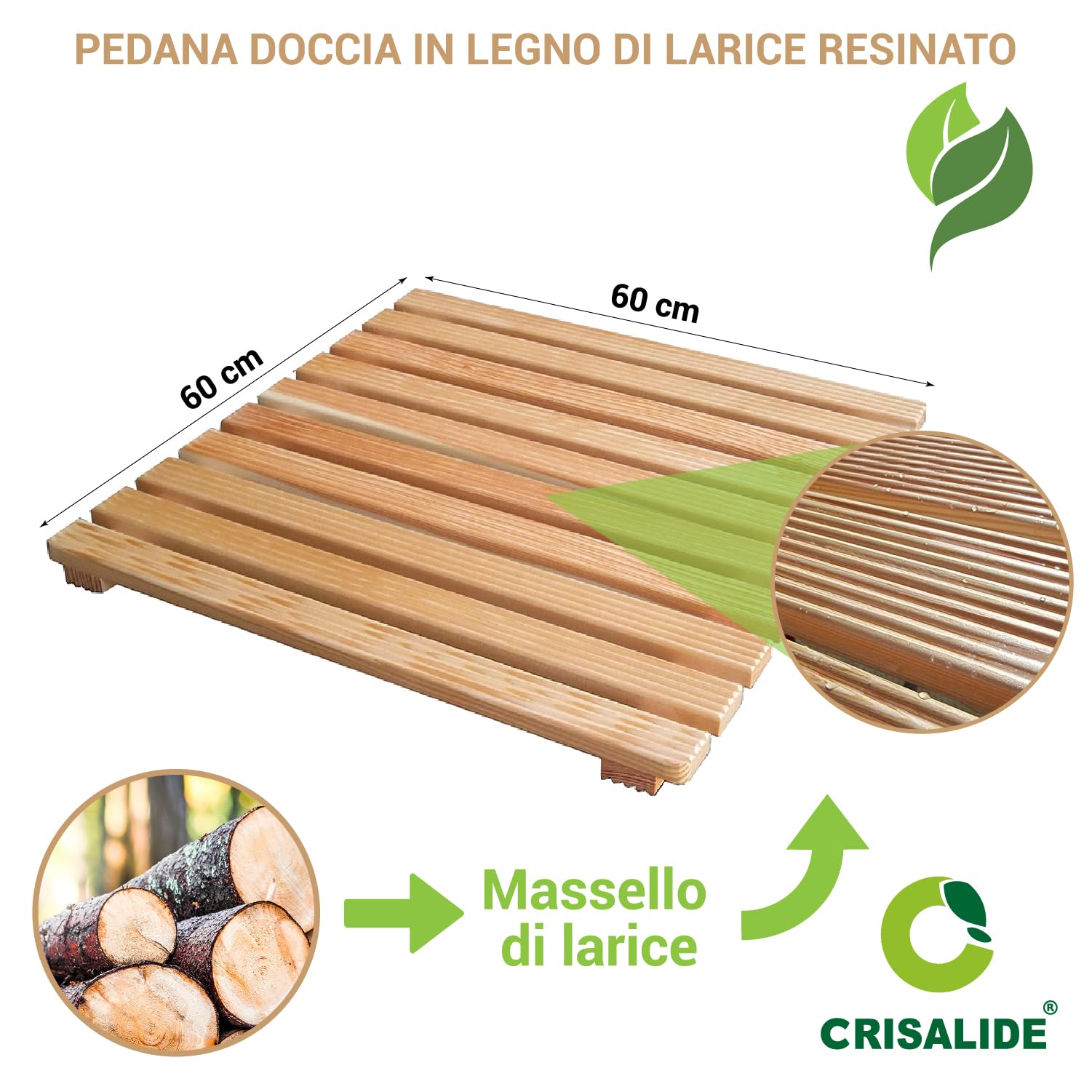 Crisalide® - Pedana Doccia in Legno, Antiscivolo Waterproof 60x60CM | Drenante