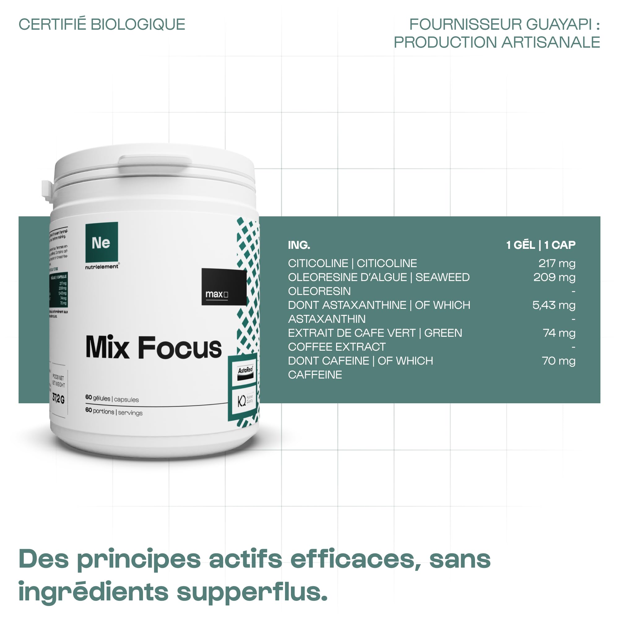 Nutrielement - Mix Focus - 30 gélules - Pre Workout - Astaxanthine - Citicoline - Caféine - Qualité Brevetée - Booste les Performances Physiques et Cognitives | By Nutrimuscle