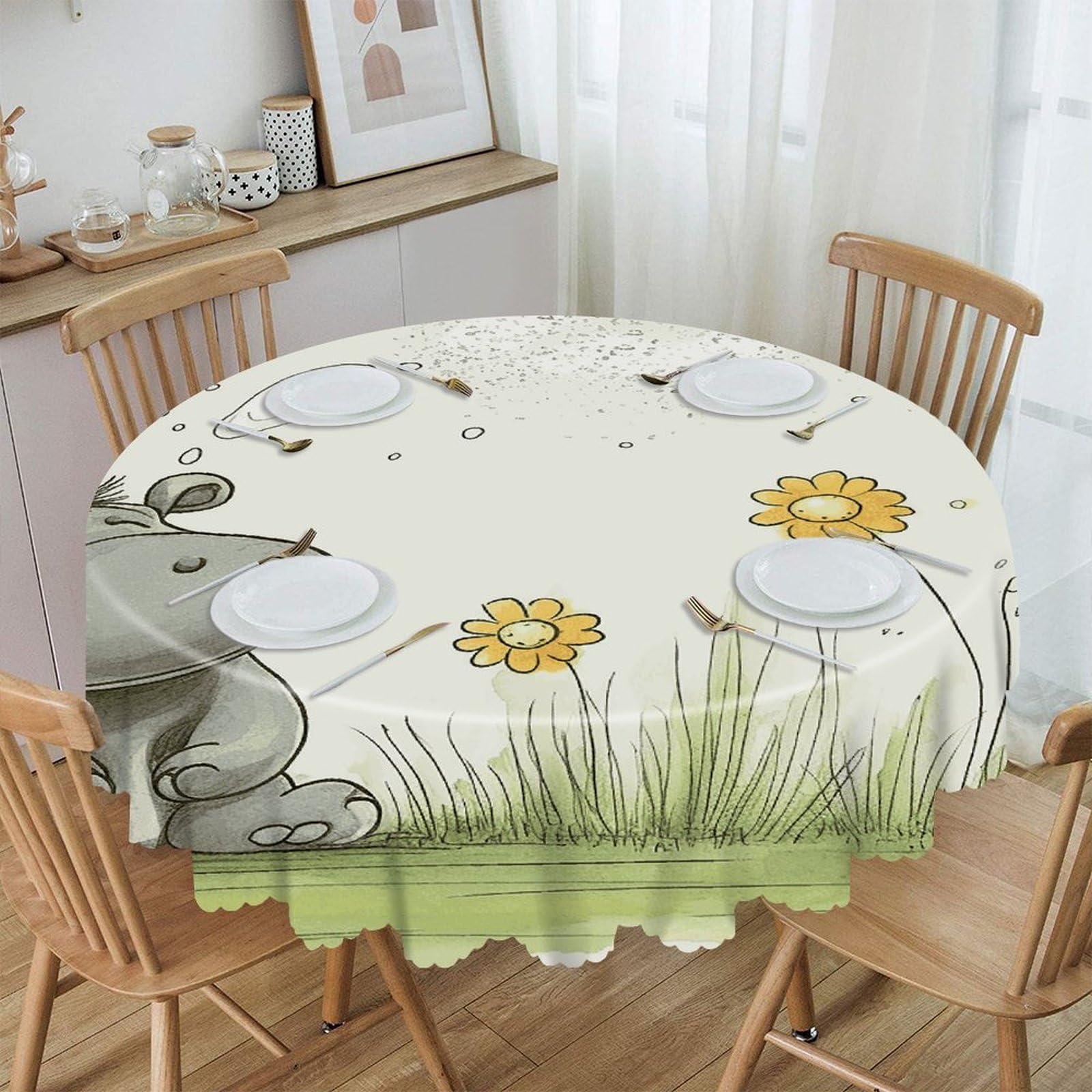 Btcowzrv Style Hippo And Dandelion Polyester Round Tablecloth 59.84 Inch, Decorative Washable Table Cover, Table Cloth For Restaurant Picnic Indoor And Outdoor Dining