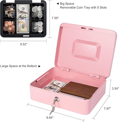 Miniatura 4 de Caja de dinero con cerradura y bandeja de dinero, caja de dinero de metal, caja grande para dinero 9.84 x 7.87 x 3.54 pulgadas, rosa