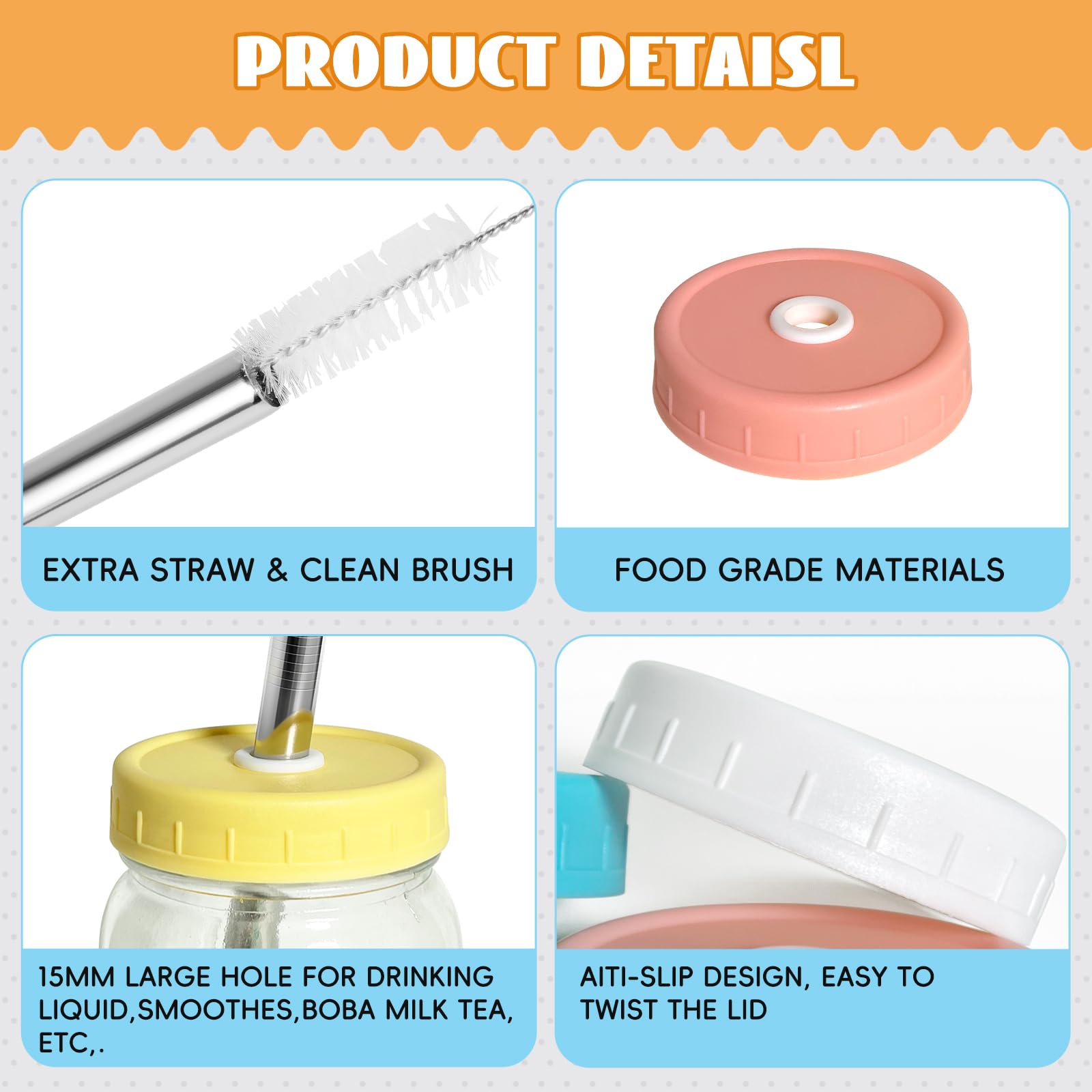 SusuBee 6 Pack Mason Jar Lids, Colorful Regular Mouth Drinking Lids with Straws and Cleaning Brush (JAR NOT INCLUDED)
