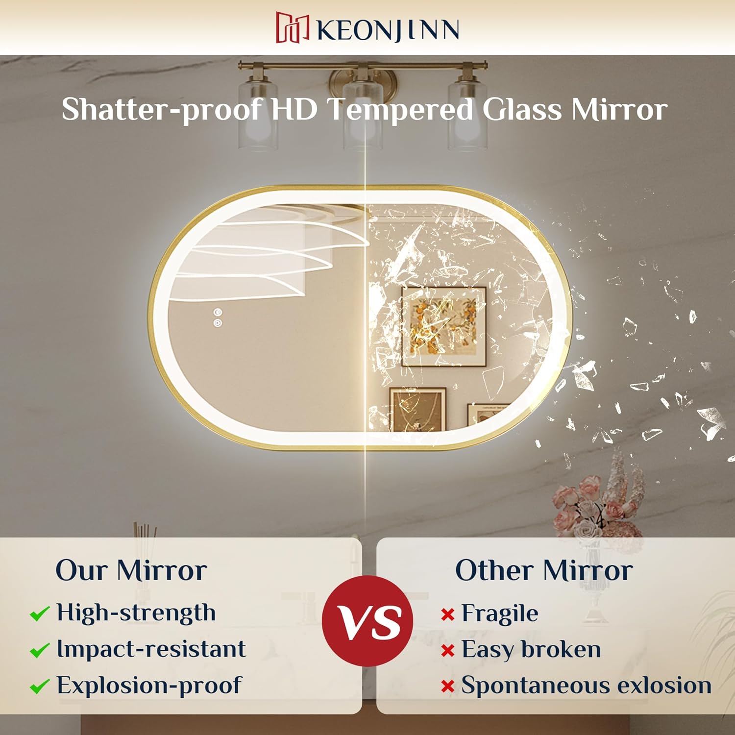 Keonjinn Oval LED Bathroom Mirror 24x36 Inch, Gold Beveled Metal Frame, Frontlit & Backlit Bathroom Mirror with 3 Color Tempurature, Dimmable Lighted Mirrors for Wall with Anti-Fog, HD Tempered Glass