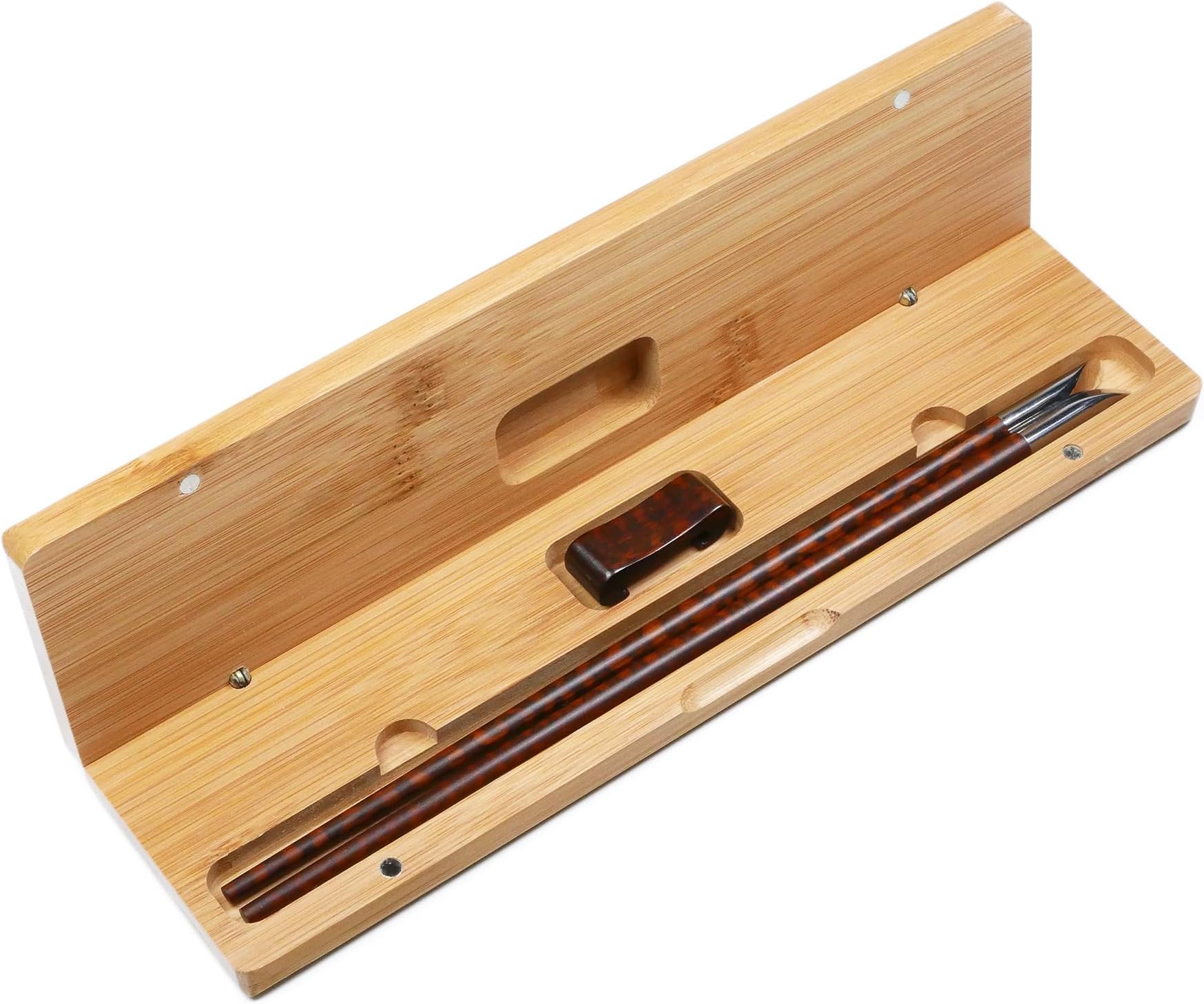 1 Pair Premium Natural Snakewood Reusable Chopsticks Set with Rest and Bamboo Case - Classic Round Handle with Stainless Steel Heads - Japanese Style - Custom Engraving Personalized Noble Gift Set