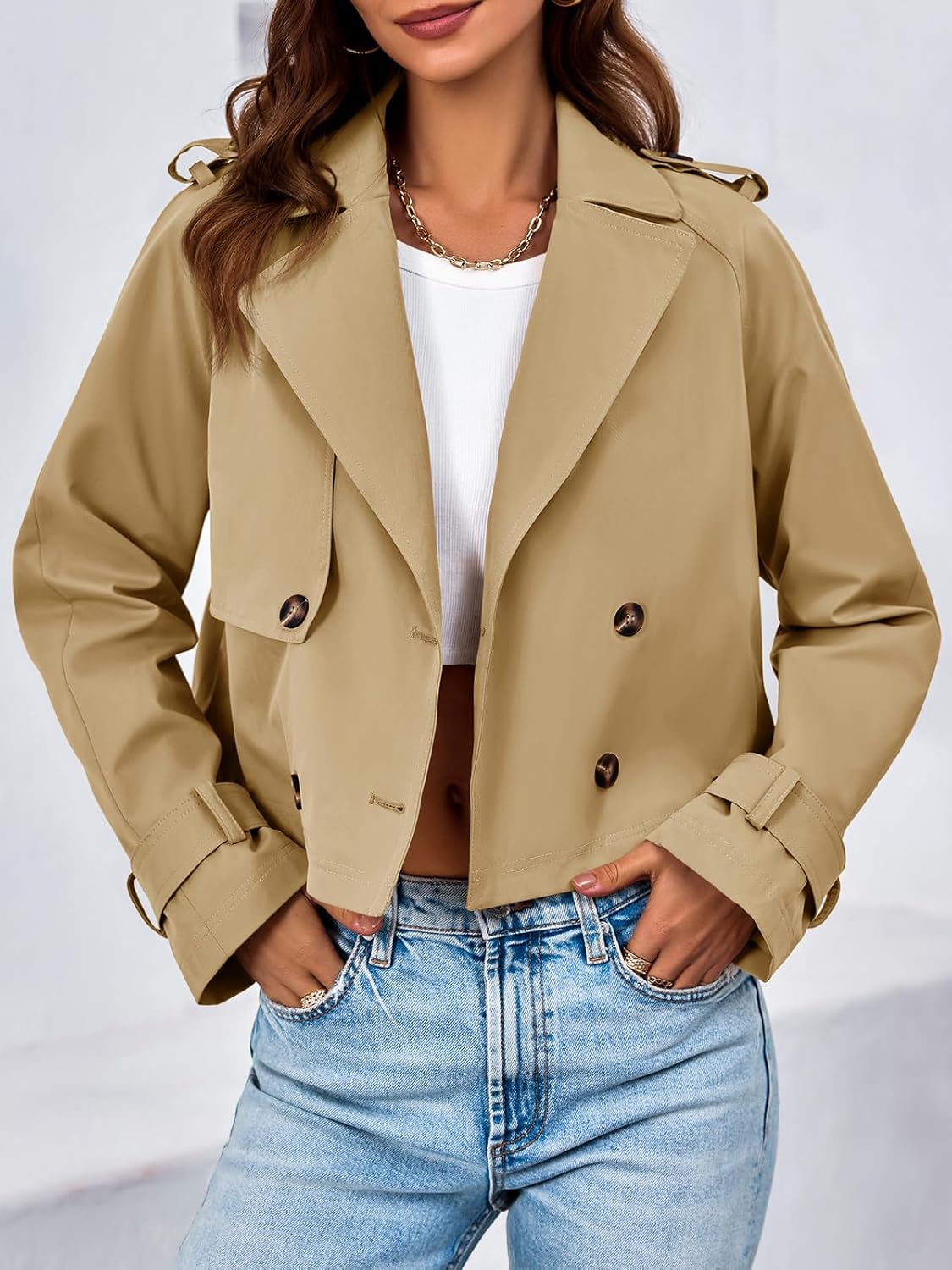 Tankaneo Womens Cropped Trench Coat Lapel Double Breasted Short Jacket Outwear - Image 2