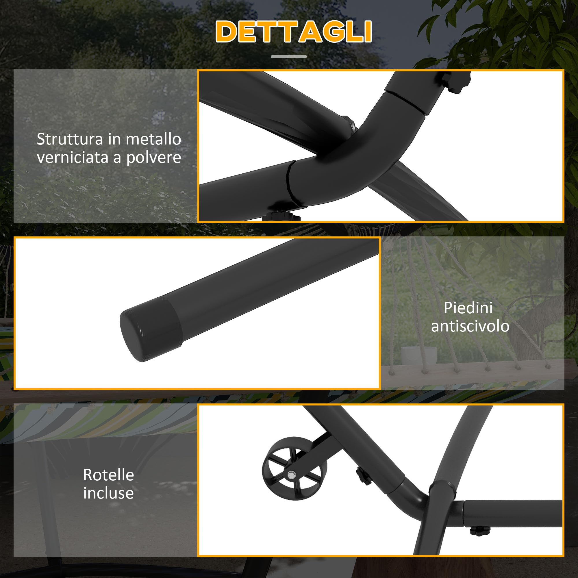 Outsunny Supporto per Amaca da 330 cm Max con 6 Fori e Rotelle, Sostegno per Amaca in Metallo con Borsa da Trasporto, 290x120x115 cm, Nero