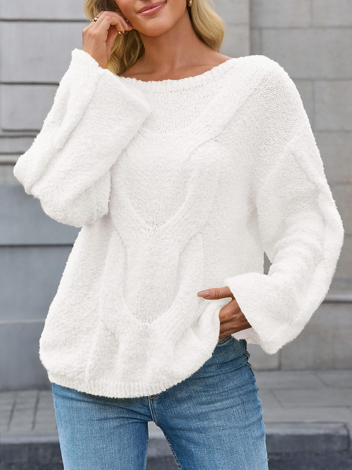 Saodimallsu Womens Off One Shoulder Sweaters Boat Neck Cable Knit Long Lantern Sleeve Loose Fall Trendy Pullover Tops - Image 3