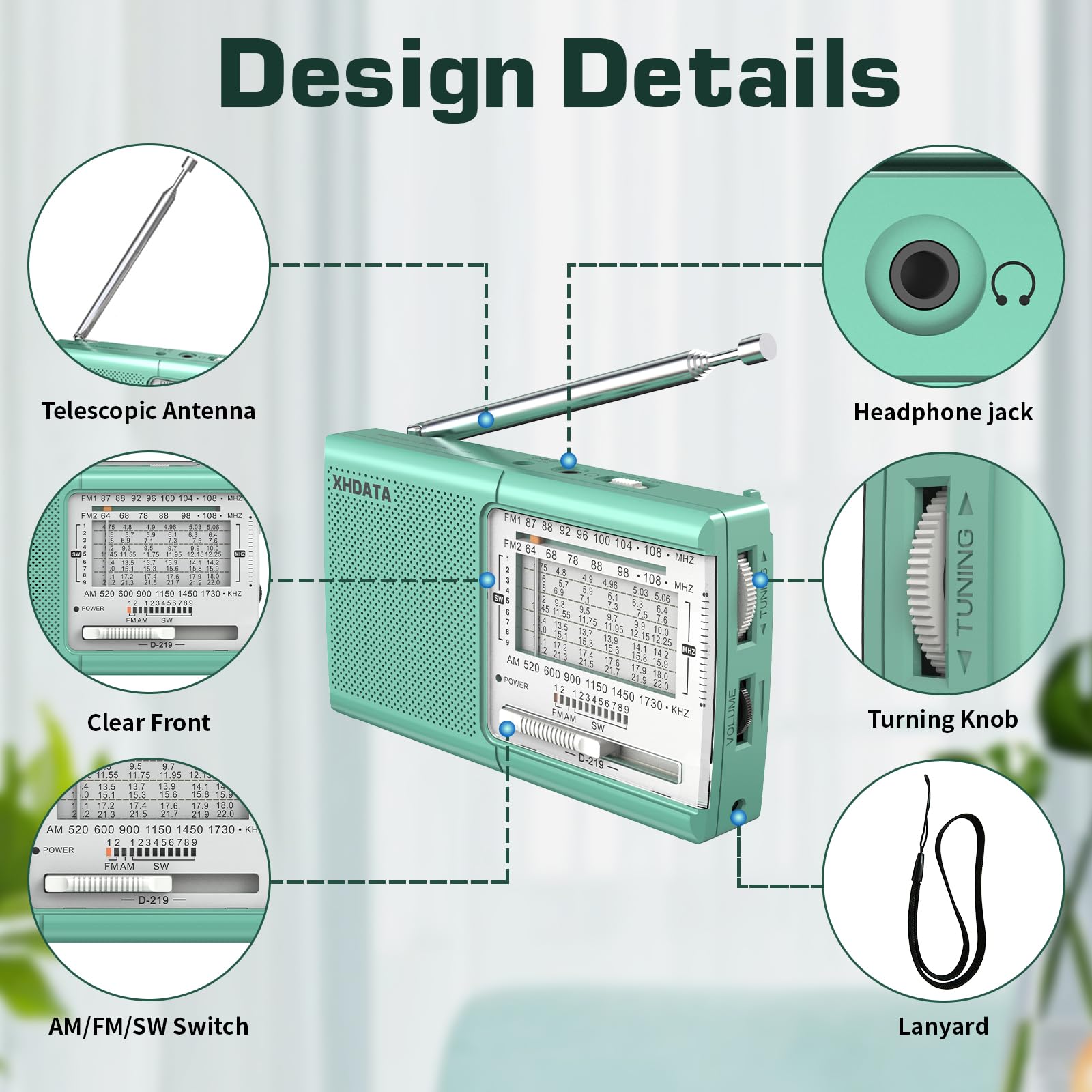 XHDATA D219 Radios Portable Am Fm with Strong Reception Compact Design, Small Battery Operated Transistor Radio(AA) Clear Sound Speaker Earphone Jack Ideal Gifts for Elder, Family, Outdoor, Green