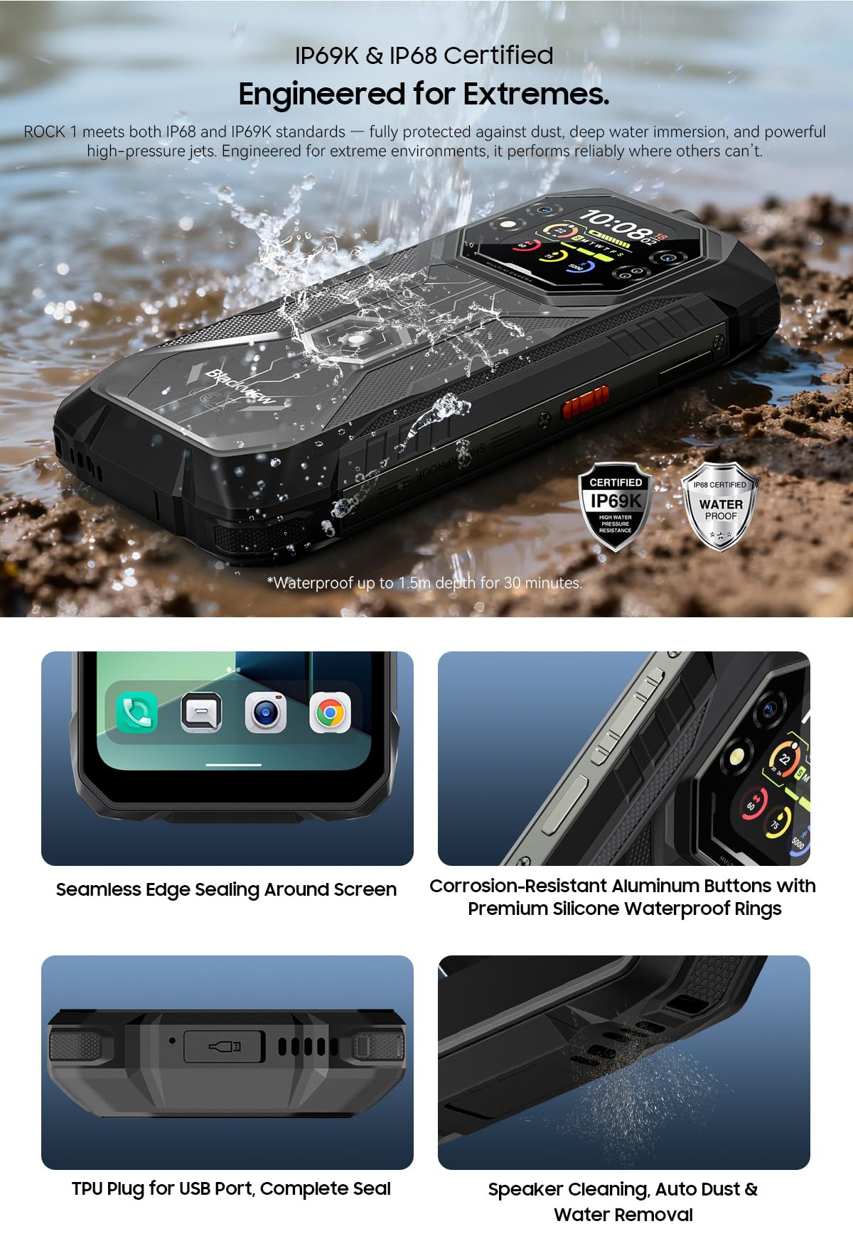 Blackview Rock 1 Smartphone Incassable Android 16, Double Écran 6.56'' +2'', Batterie 15000mAh, 24GB+256GB, LED 120LM, Caméra Vision Nocturne 20MP, Téléphone Robuste Étanche IP68, Gemini AI, NFC GPS