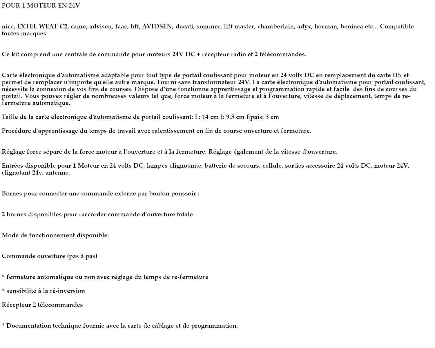 BZH Carte automatisme de Portail Coulissant en 24V