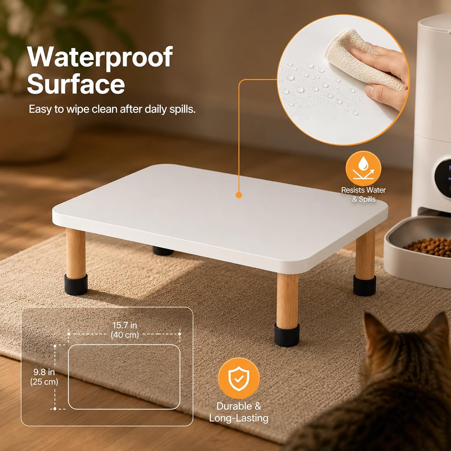 Extra-Wide Automatic Cat Food Stand, 15.7" × 9.8" Elevated Cat Feeding Station, Water-Resistant Cat Food Platform with Non-Slip Foot Pads